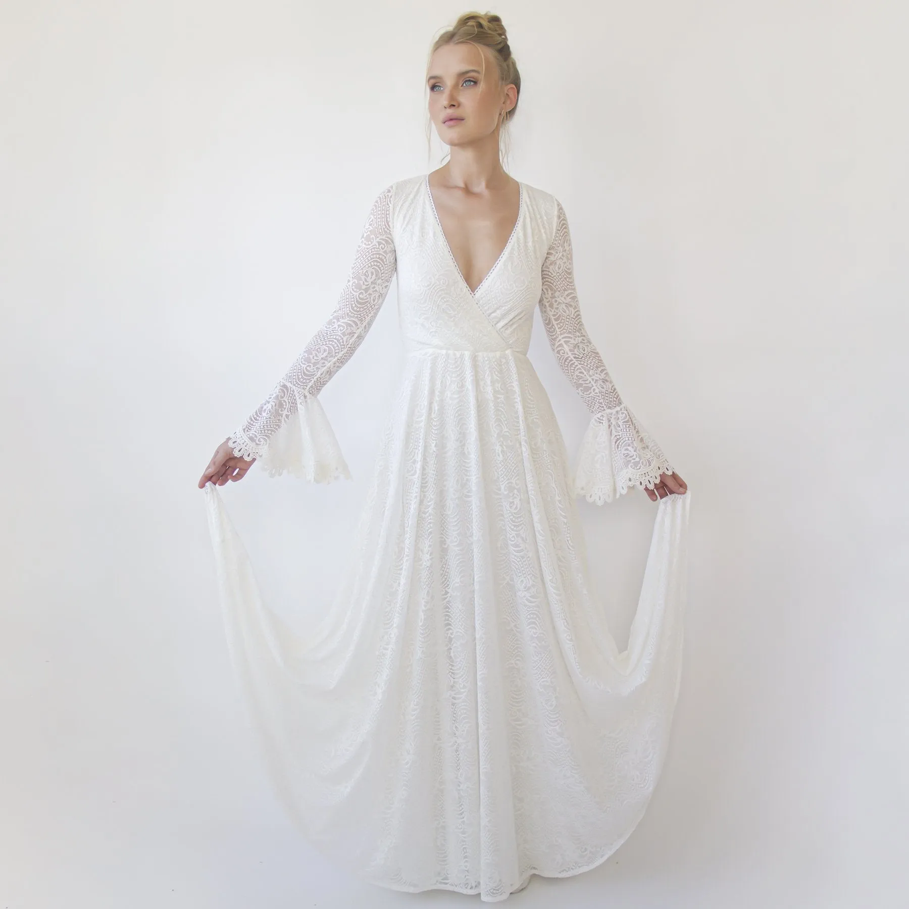 Ivory wrap lace wedding dress with long poet sleeves #1364