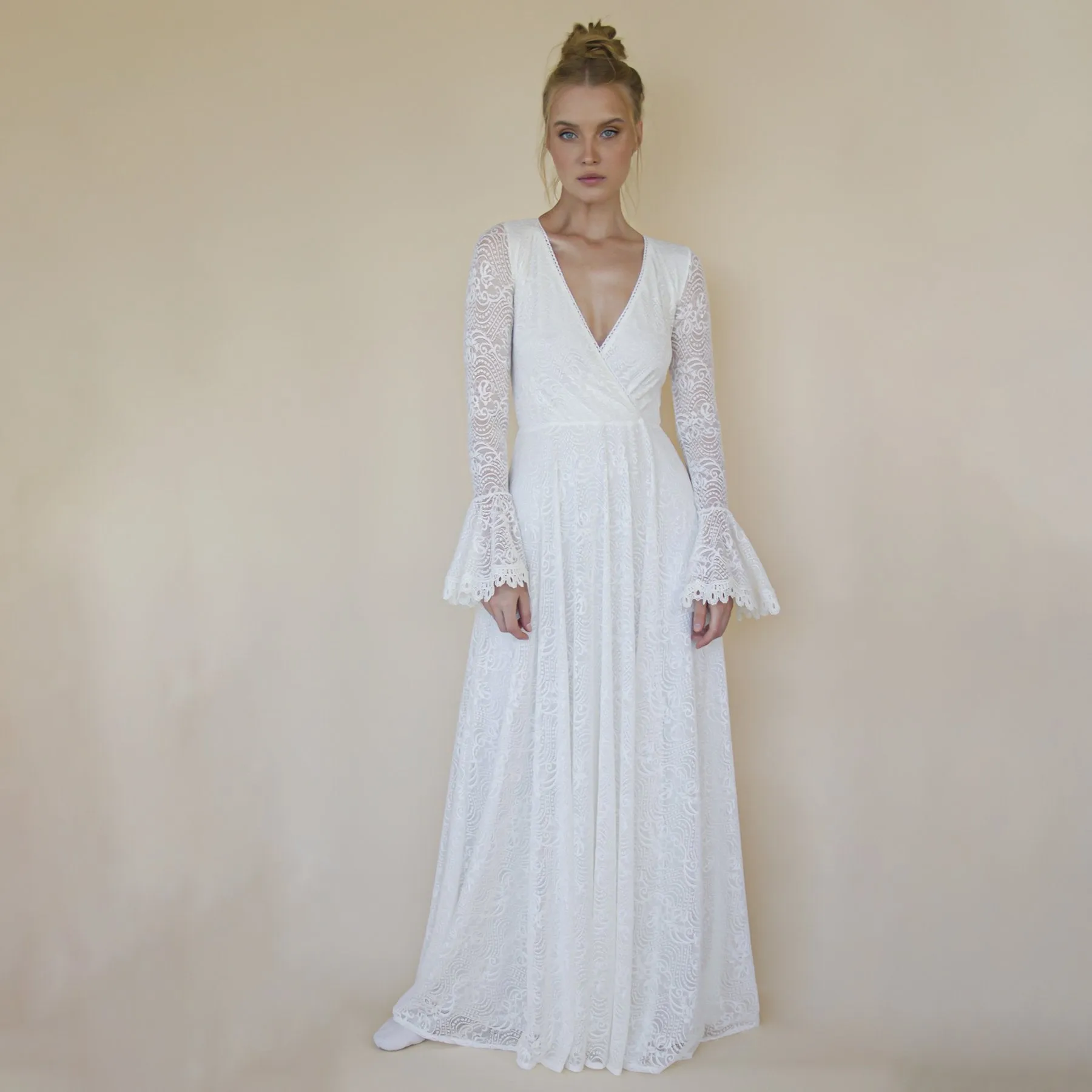 Ivory wrap lace wedding dress with long poet sleeves #1364