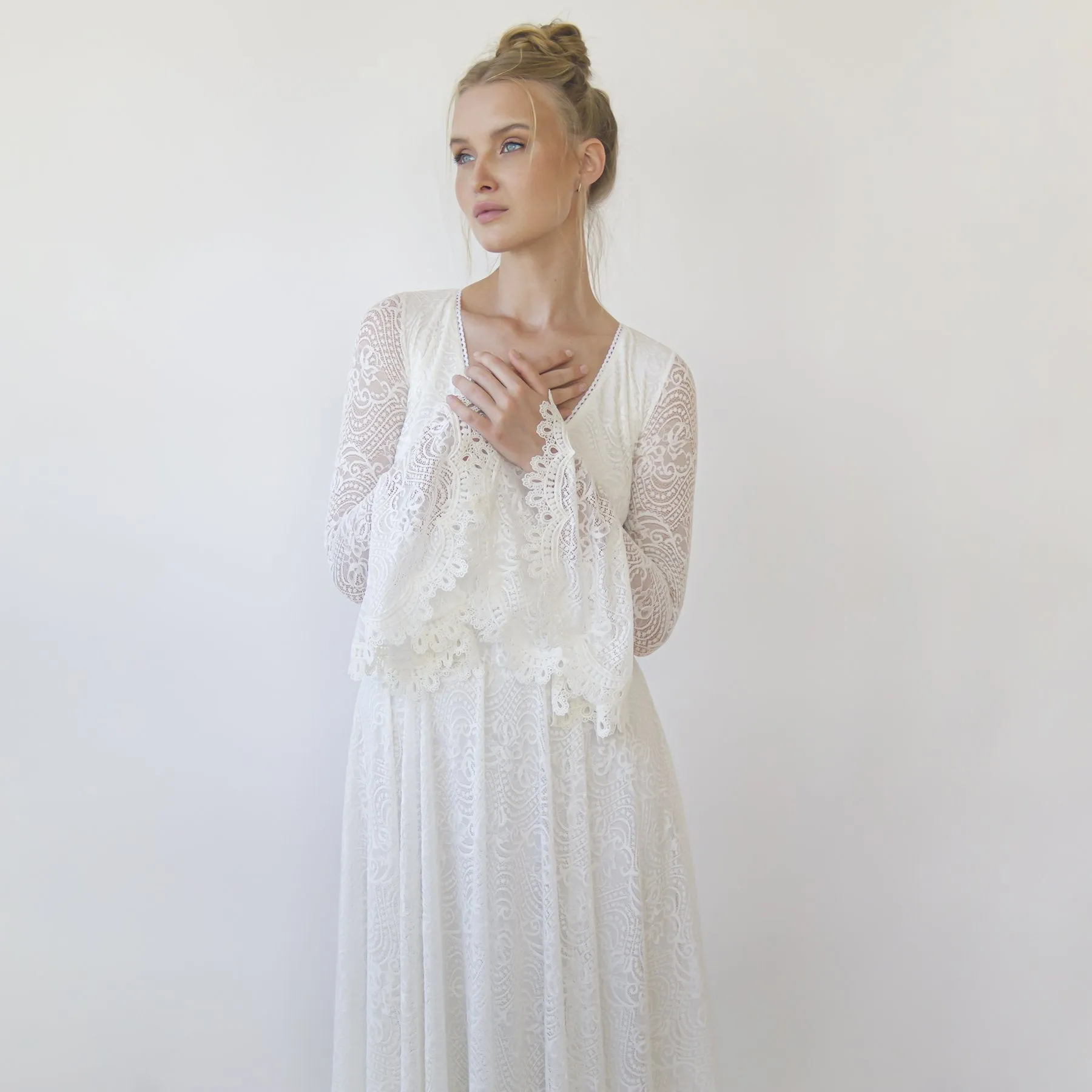 Ivory wrap lace wedding dress with long poet sleeves #1364
