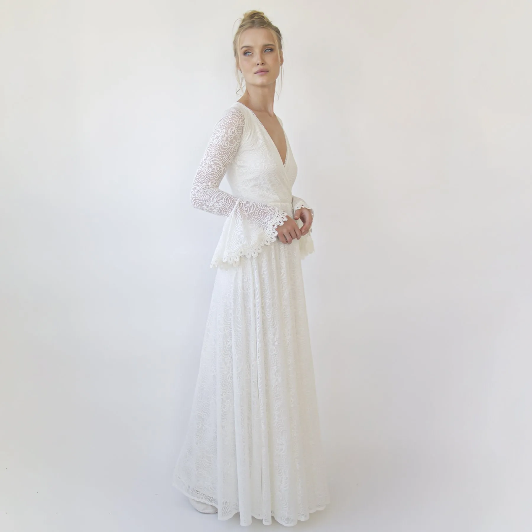 Ivory wrap lace wedding dress with long poet sleeves #1364