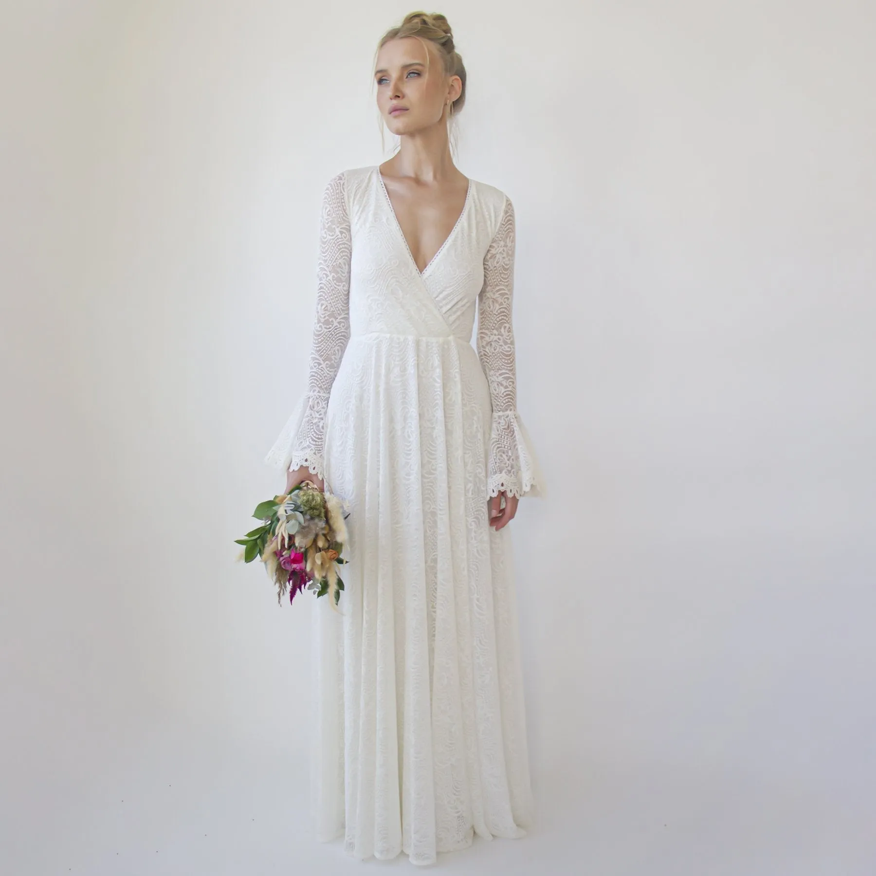 Ivory wrap lace wedding dress with long poet sleeves #1364