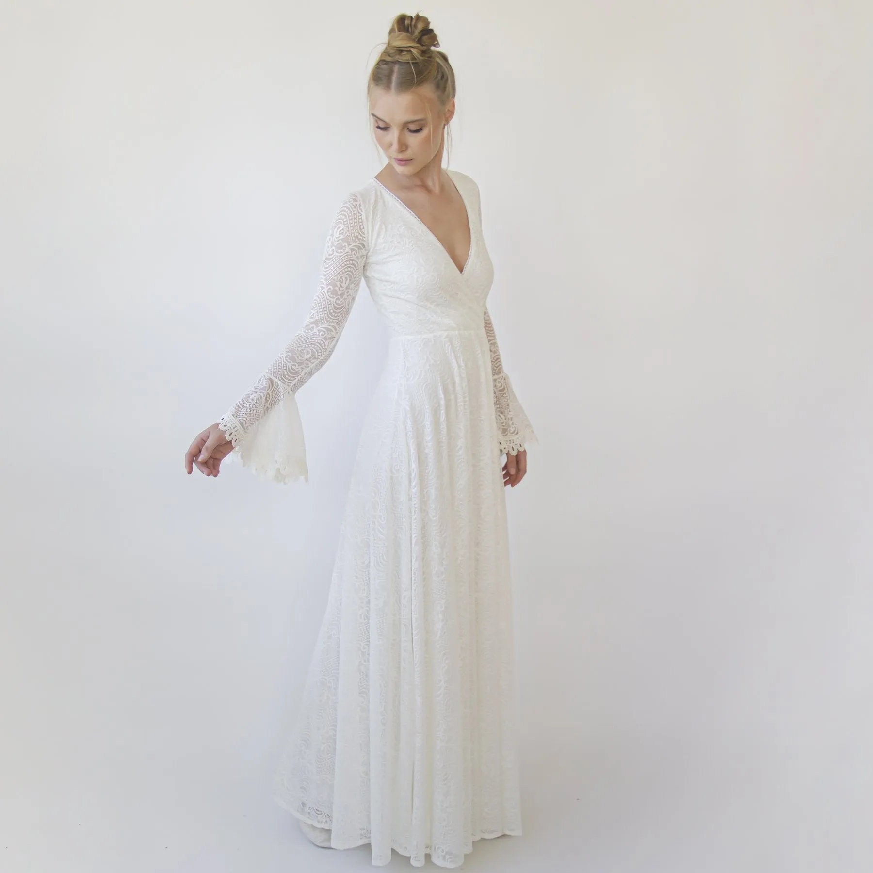 Ivory wrap lace wedding dress with long poet sleeves #1364