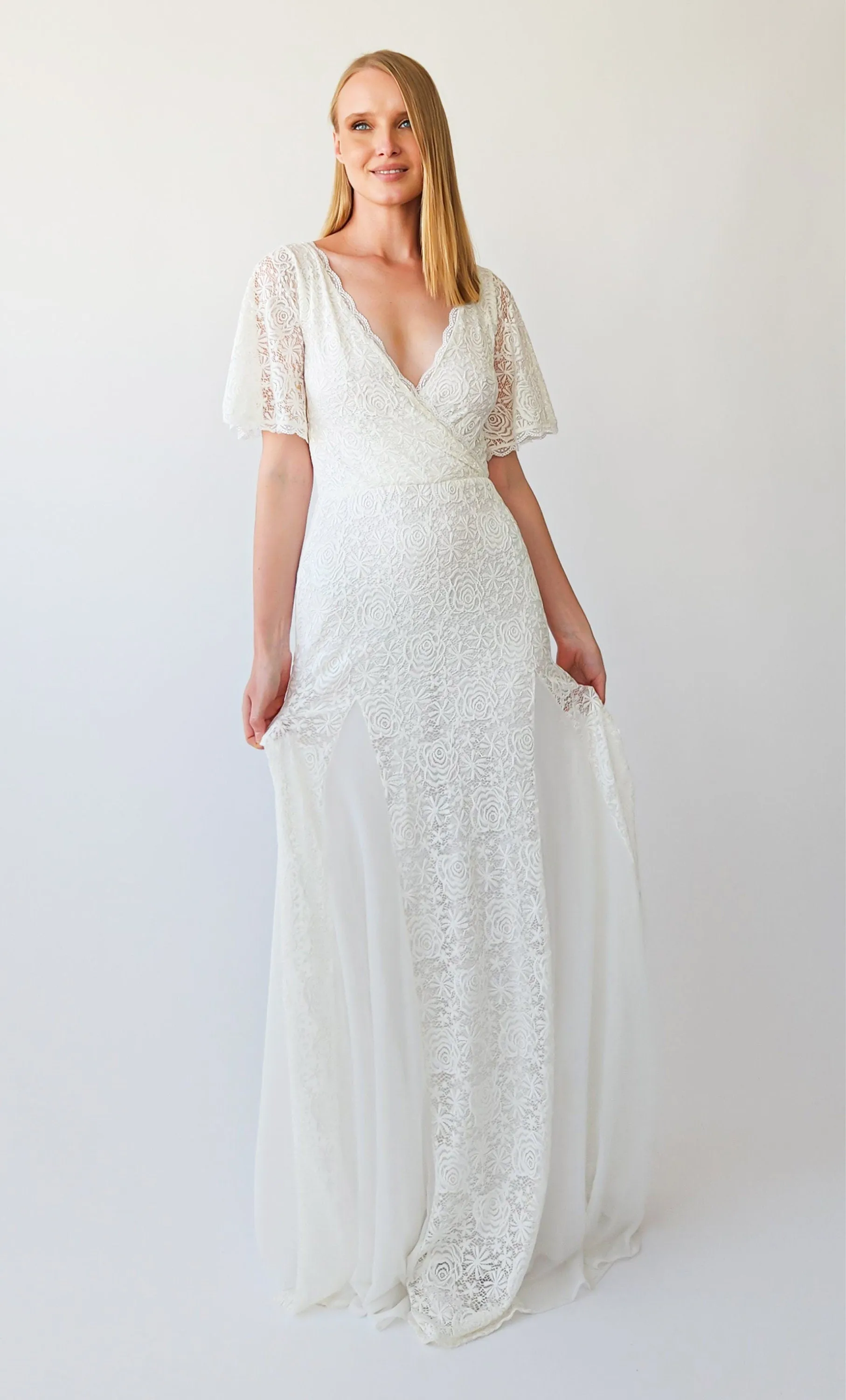 Ivory Wrap neckline, fit and flair Mermaid godet skirt, short cape butterfly sleeves, vintage wedding dress #1402