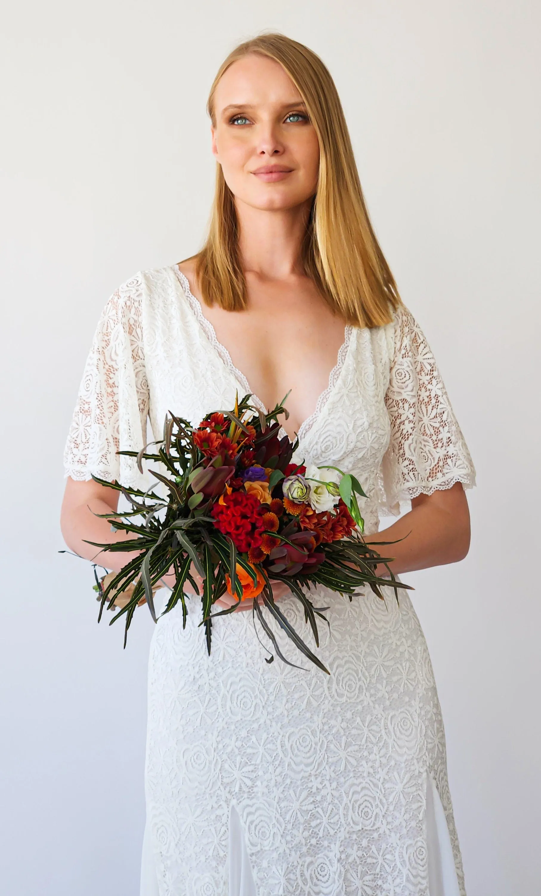 Ivory Wrap neckline, fit and flair Mermaid godet skirt, short cape butterfly sleeves, vintage wedding dress #1402