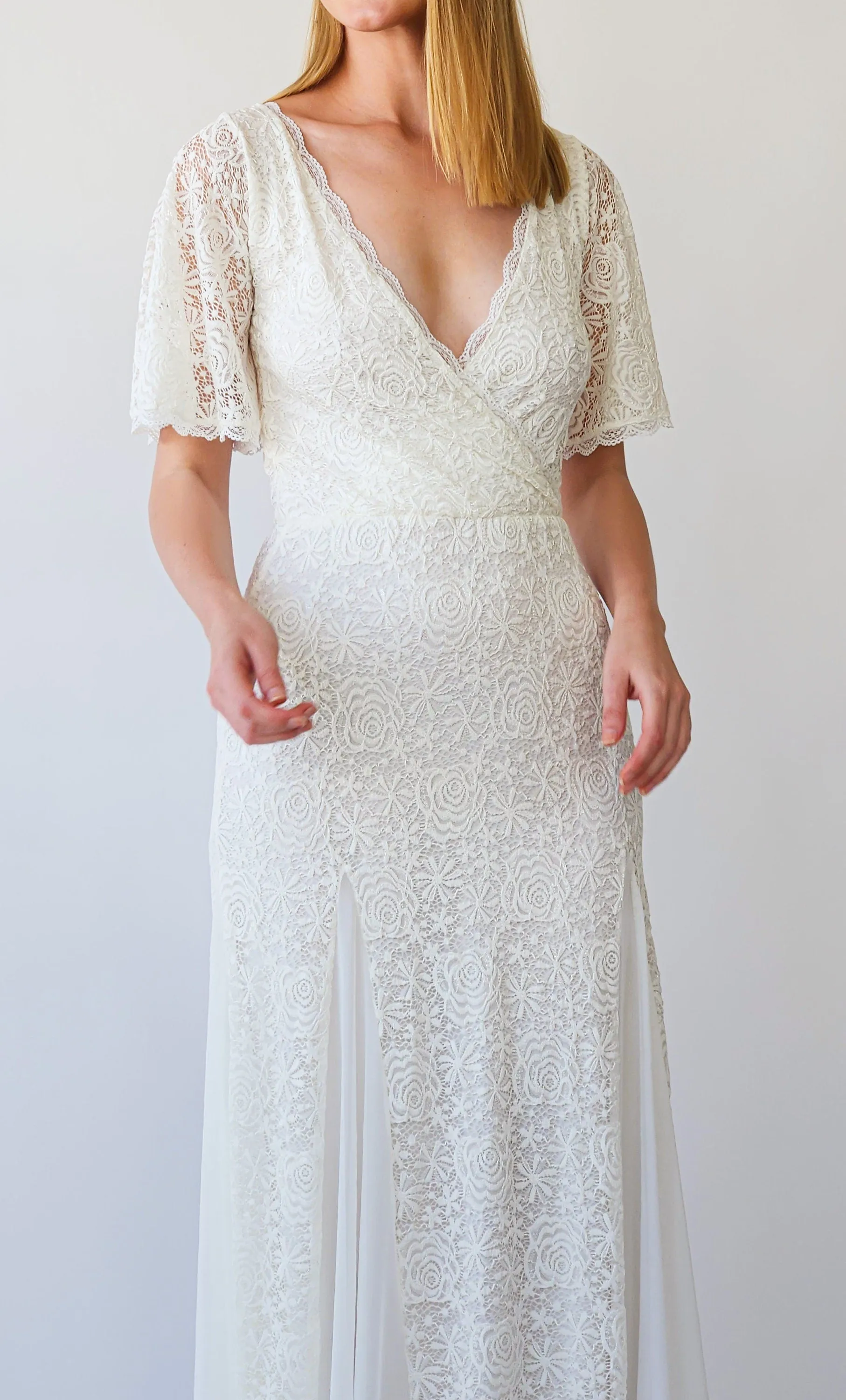 Ivory Wrap neckline, fit and flair Mermaid godet skirt, short cape butterfly sleeves, vintage wedding dress #1402