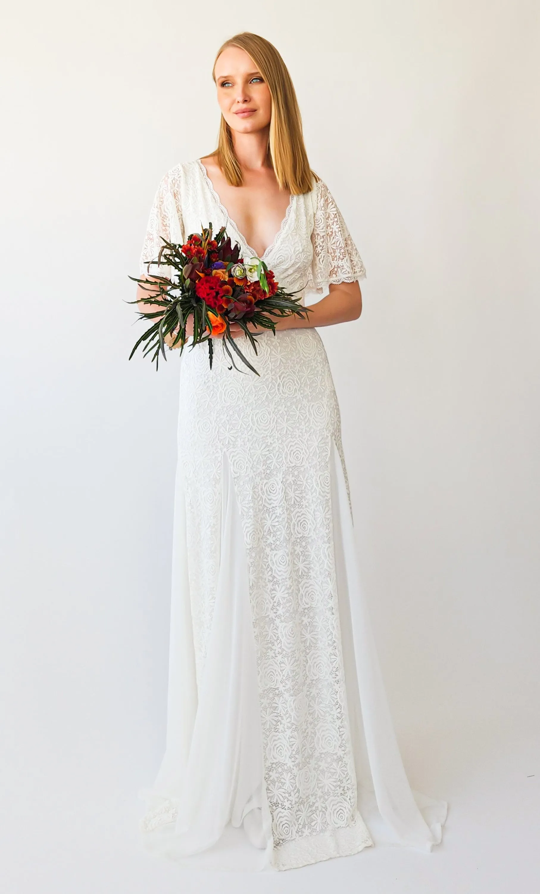 Ivory Wrap neckline, fit and flair Mermaid godet skirt, short cape butterfly sleeves, vintage wedding dress #1402