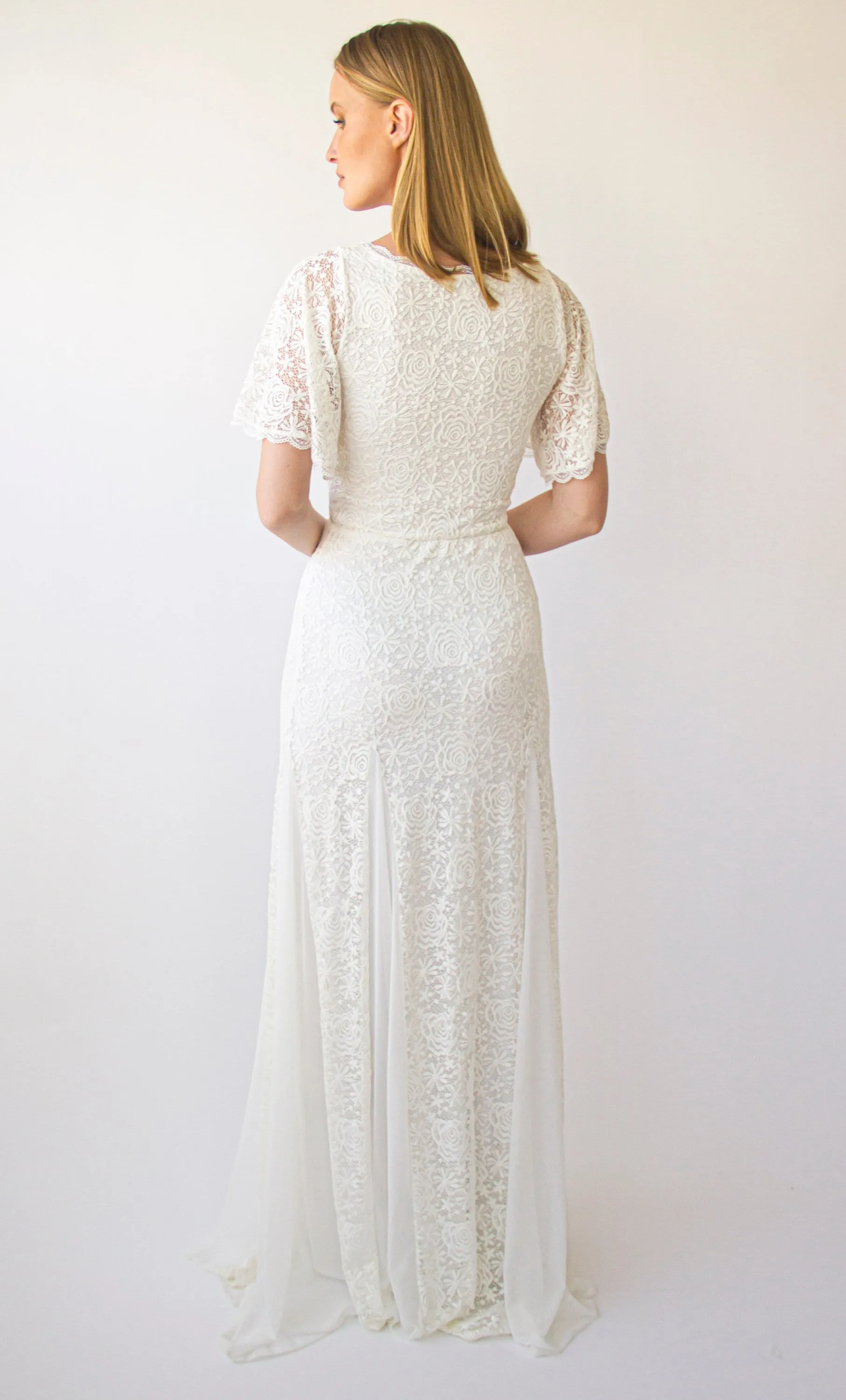 Ivory Wrap neckline, fit and flair Mermaid godet skirt, short cape butterfly sleeves, vintage wedding dress #1402