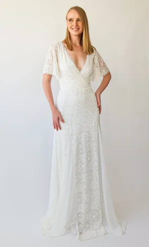 Ivory Wrap neckline, fit and flair Mermaid godet skirt, short cape butterfly sleeves, vintage wedding dress #1402
