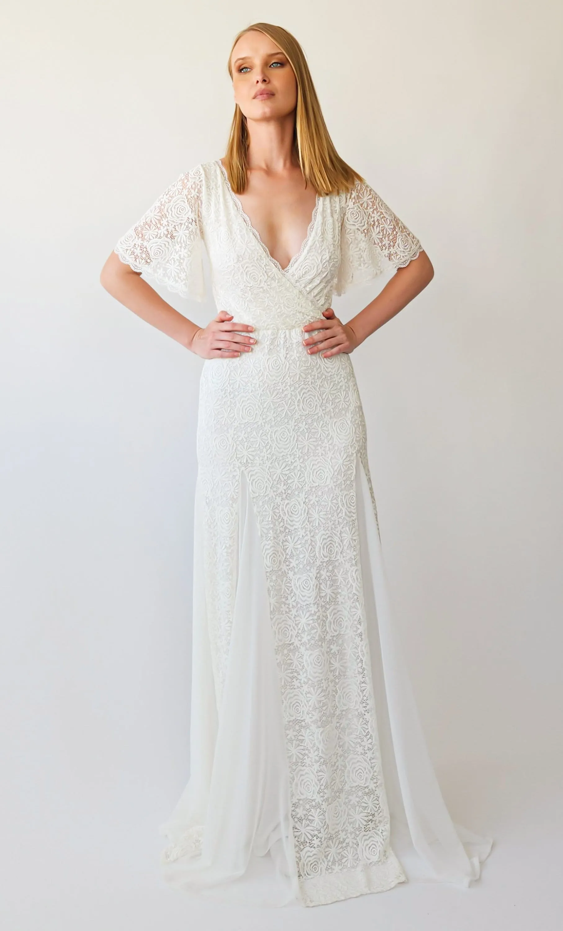 Ivory Wrap neckline, fit and flair Mermaid godet skirt, short cape butterfly sleeves, vintage wedding dress #1402