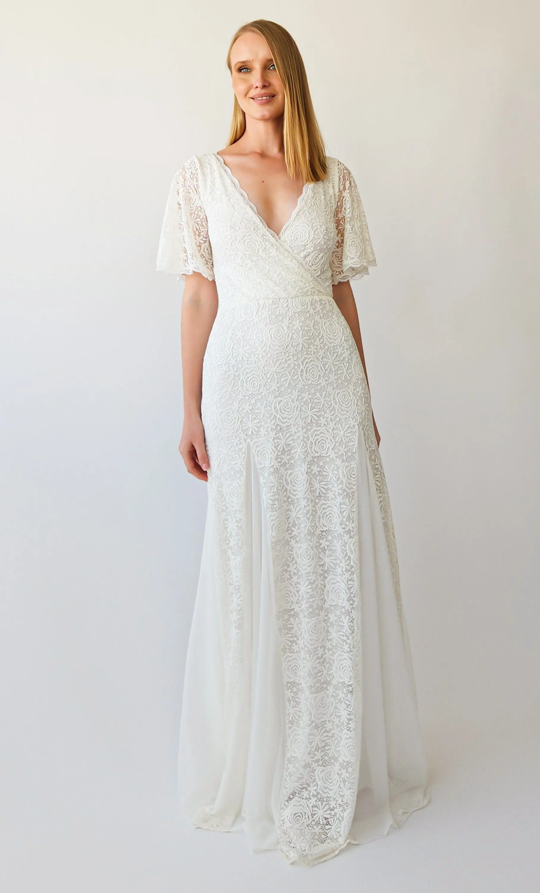 Ivory Wrap neckline, fit and flair Mermaid godet skirt, short cape butterfly sleeves, vintage wedding dress #1402