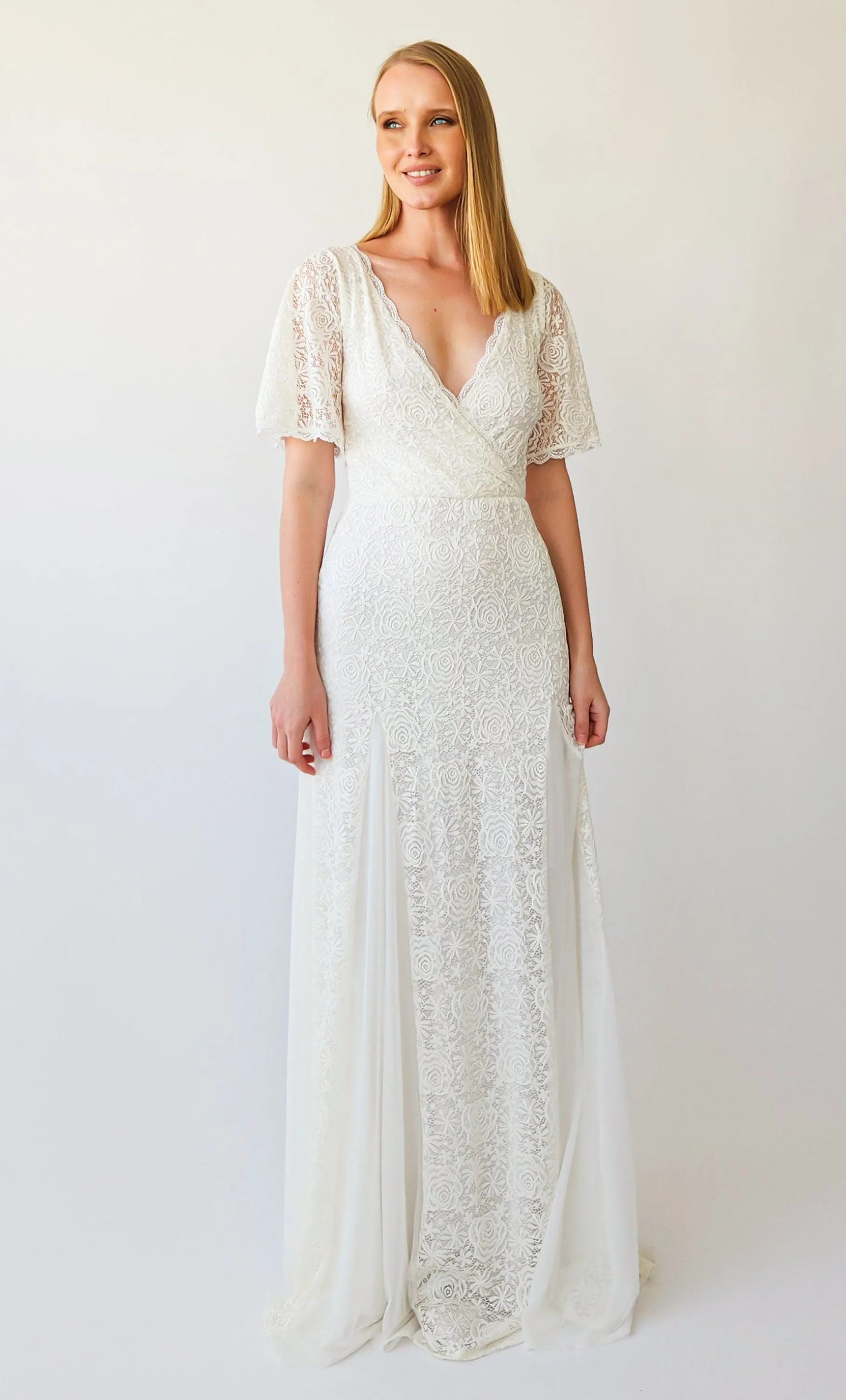 Ivory Wrap neckline, fit and flair Mermaid godet skirt, short cape butterfly sleeves, vintage wedding dress #1402