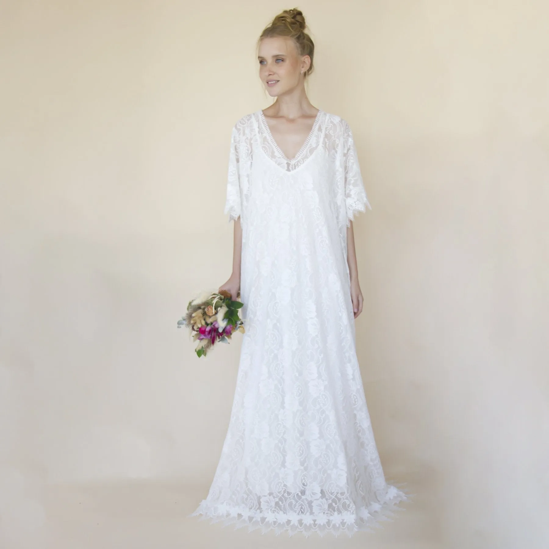Lace ivory bridal kaftan ,bat sleeves lace wedding Dress #1367