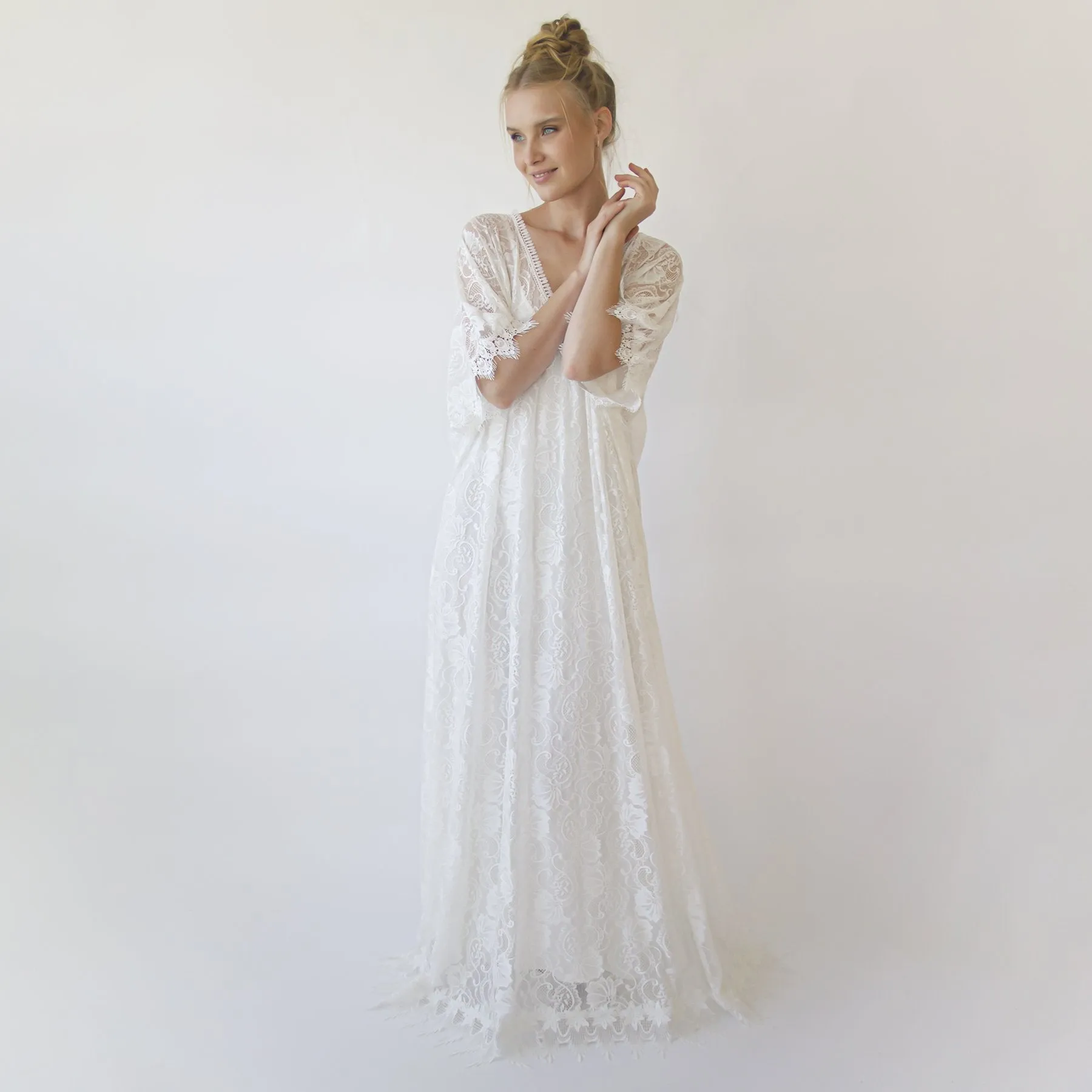 Lace ivory bridal kaftan ,bat sleeves lace wedding Dress #1367