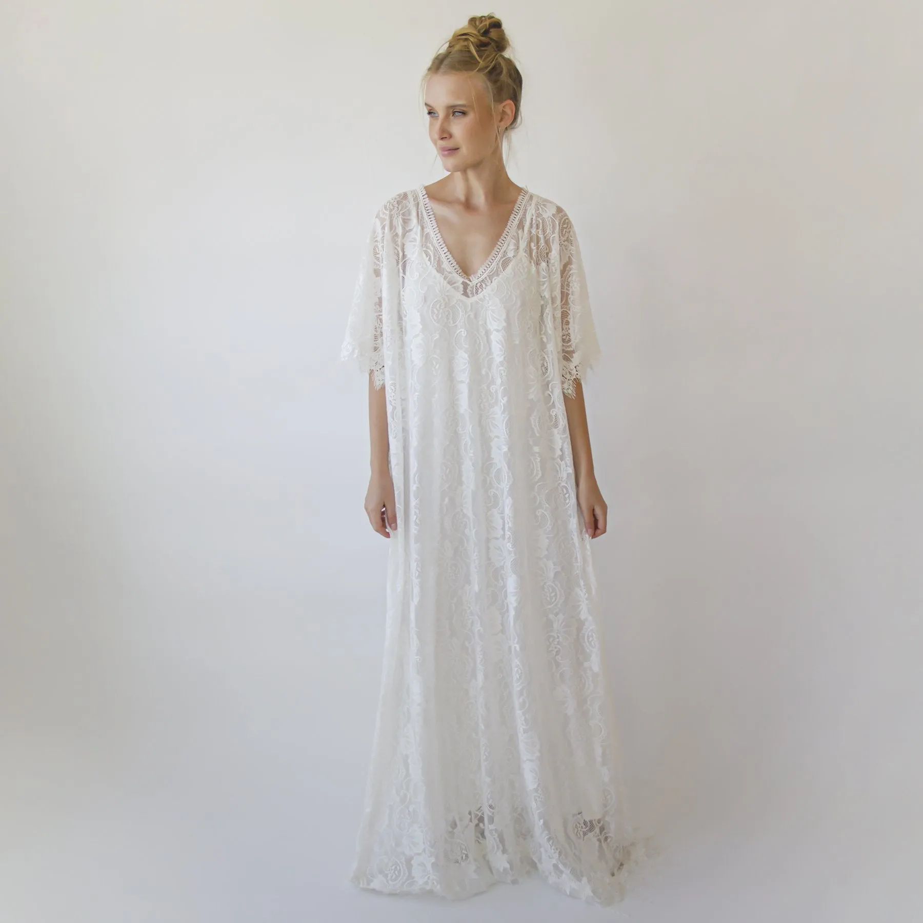 Lace ivory bridal kaftan ,bat sleeves lace wedding Dress #1367