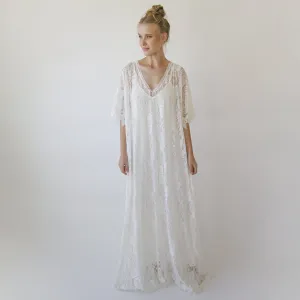 Lace ivory bridal kaftan ,bat sleeves lace wedding Dress #1367