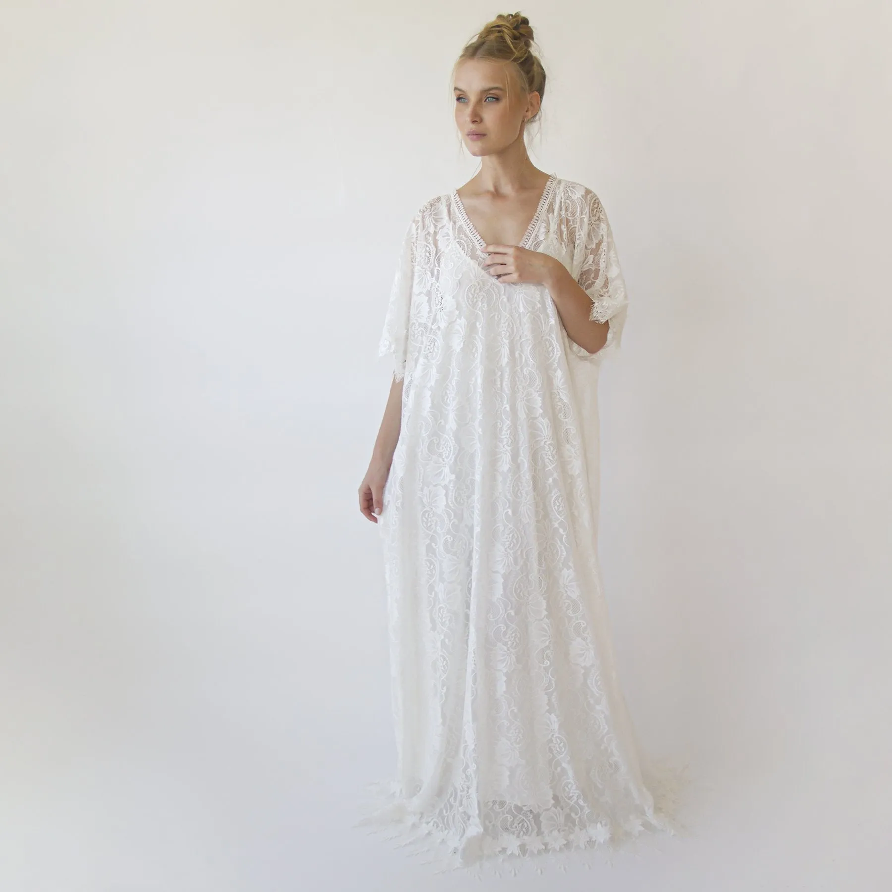 Lace ivory bridal kaftan ,bat sleeves lace wedding Dress #1367