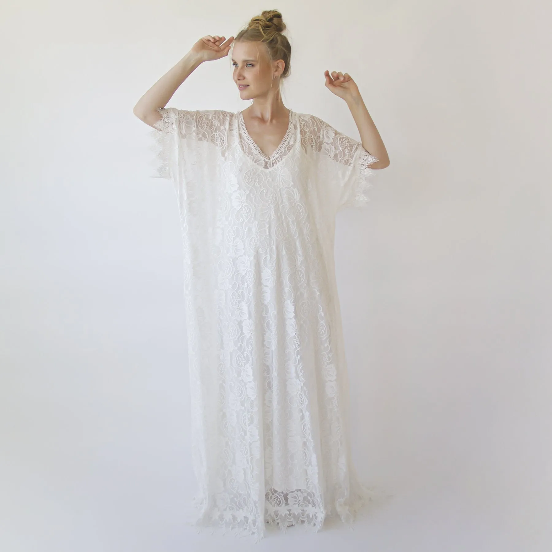 Lace ivory bridal kaftan ,bat sleeves lace wedding Dress #1367