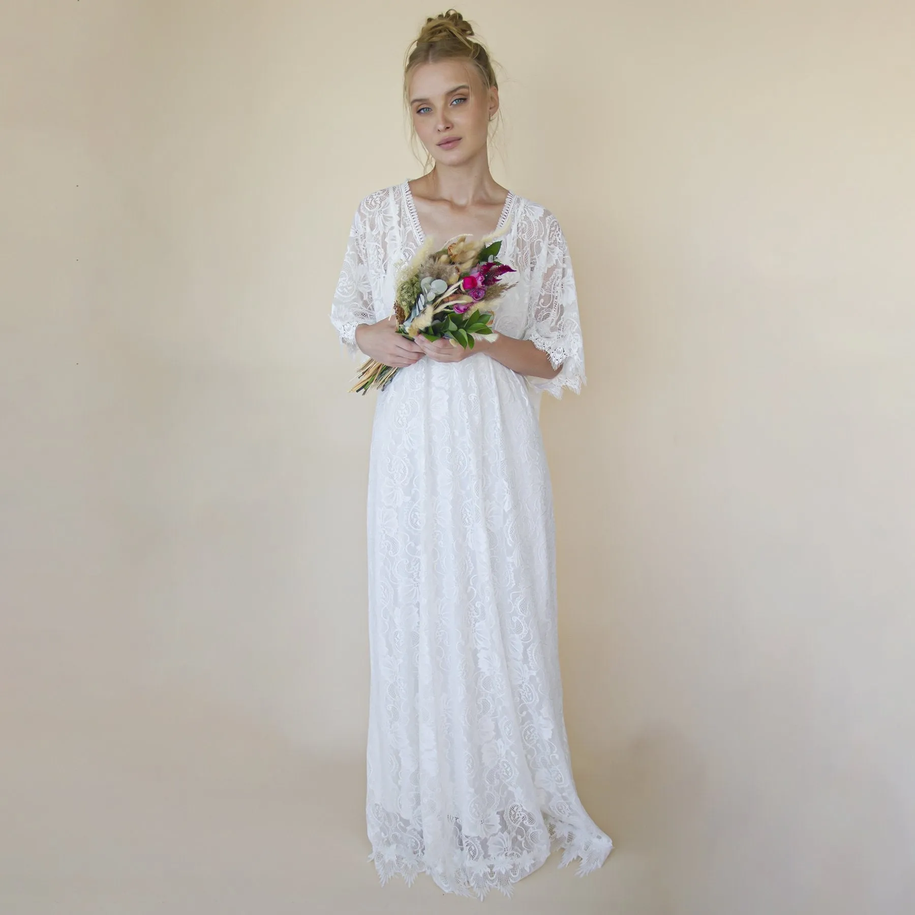 Lace ivory bridal kaftan ,bat sleeves lace wedding Dress #1367