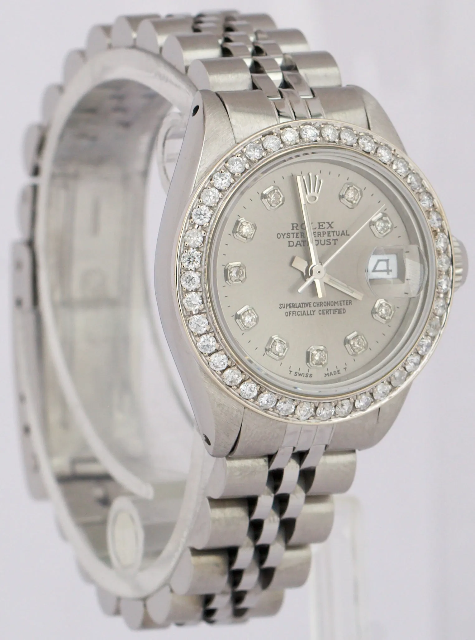 Ladies Rolex DateJust 26mm RHODIUM DIAMOND Stainless Steel JUBILEE Watch 6916