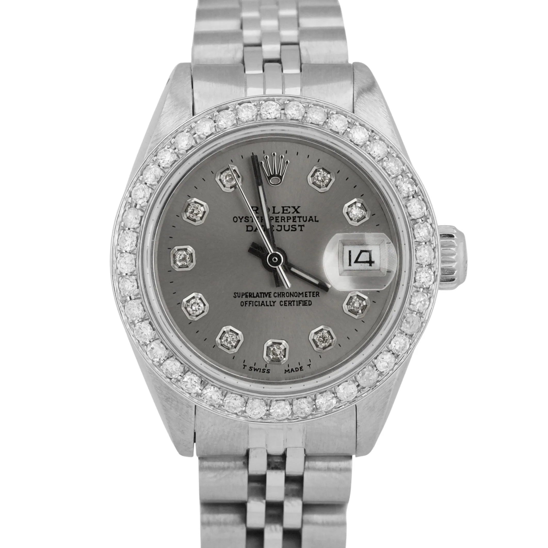 Ladies Rolex DateJust 26mm RHODIUM DIAMOND Stainless Steel JUBILEE Watch 6916