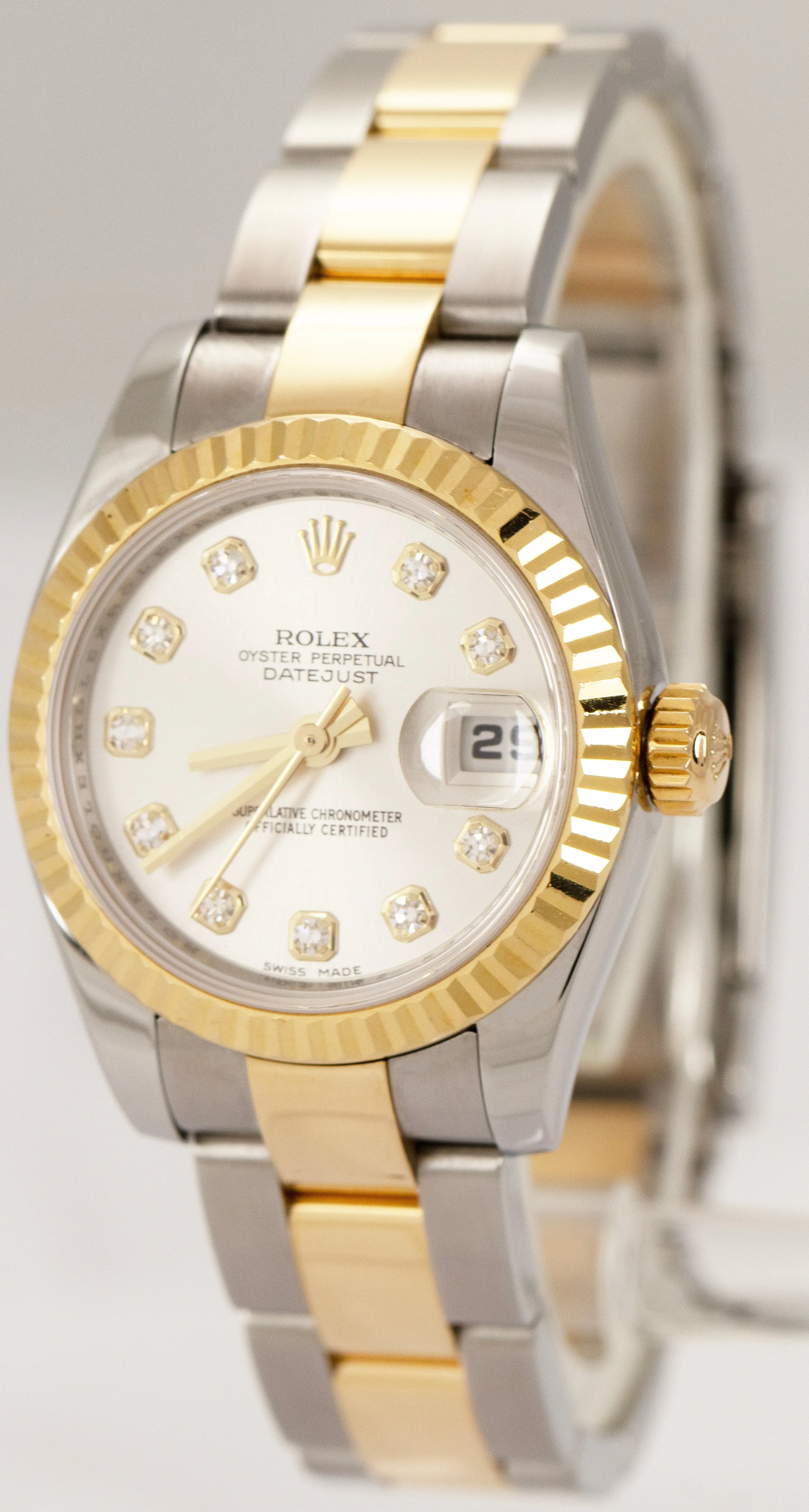 Ladies Rolex DateJust PAPERS Silver Diamond Dial Two-Tone 26mm Watch 179173 B P