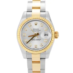 Ladies Rolex DateJust PAPERS Silver Diamond Dial Two-Tone 26mm Watch 179173 B P
