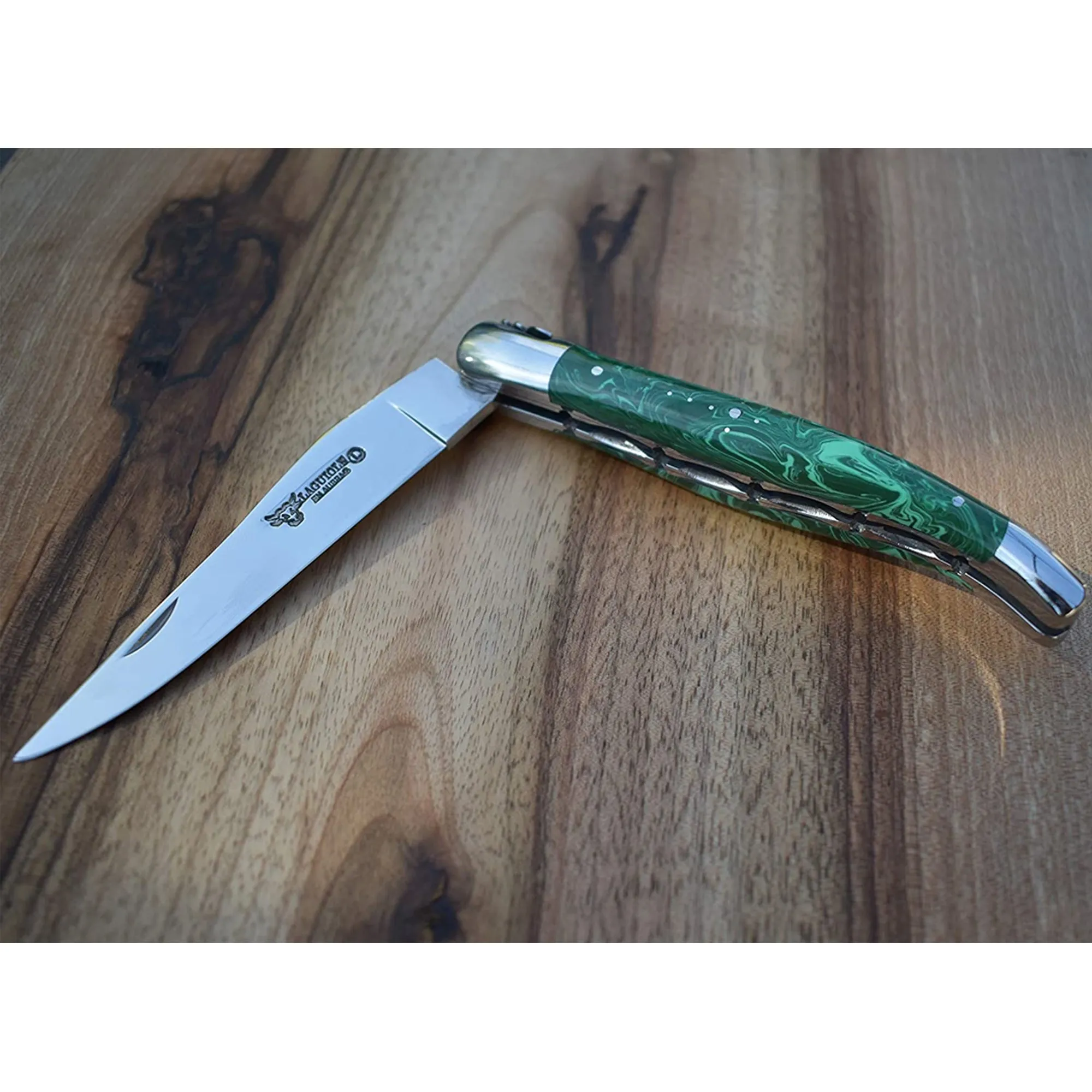 Laguiole en Aubrac Handcrafted Luxury Double Plates Folding Pocket Knife With Malachite Handle, 4.75-Inches