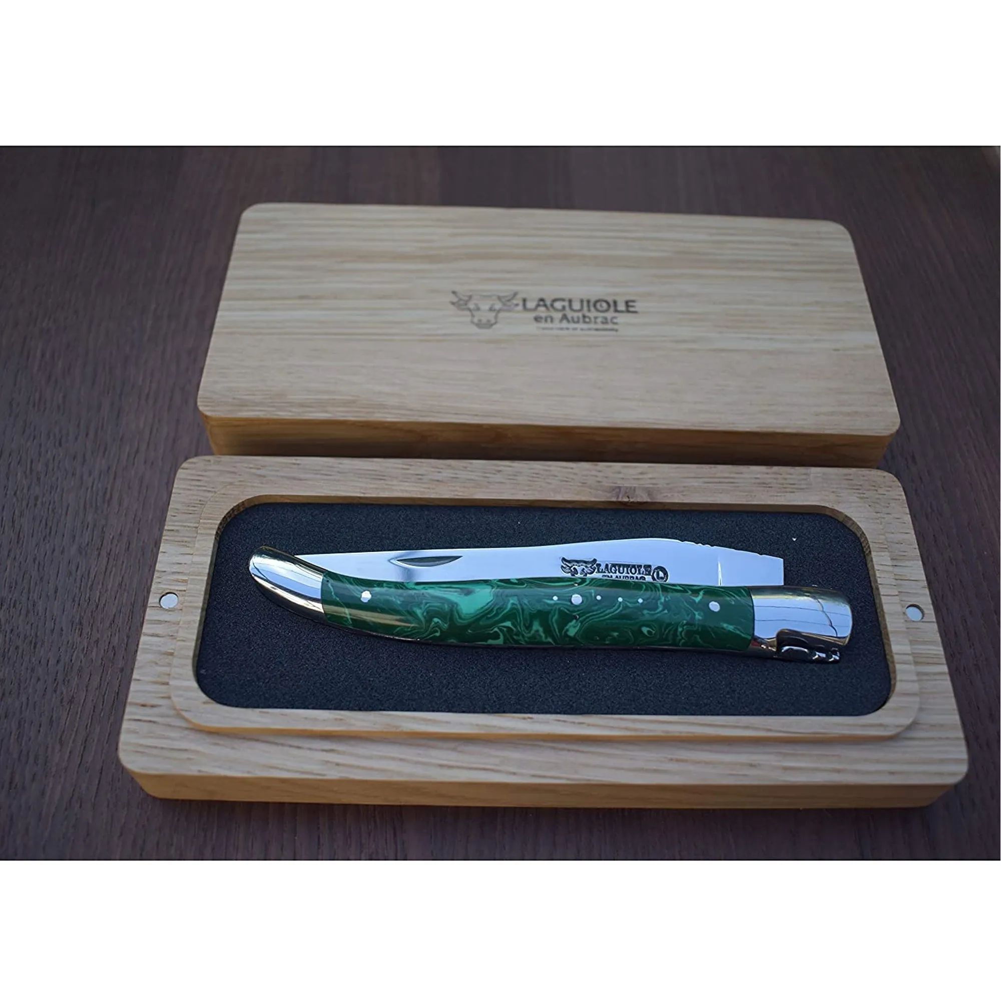 Laguiole en Aubrac Handcrafted Luxury Double Plates Folding Pocket Knife With Malachite Handle, 4.75-Inches