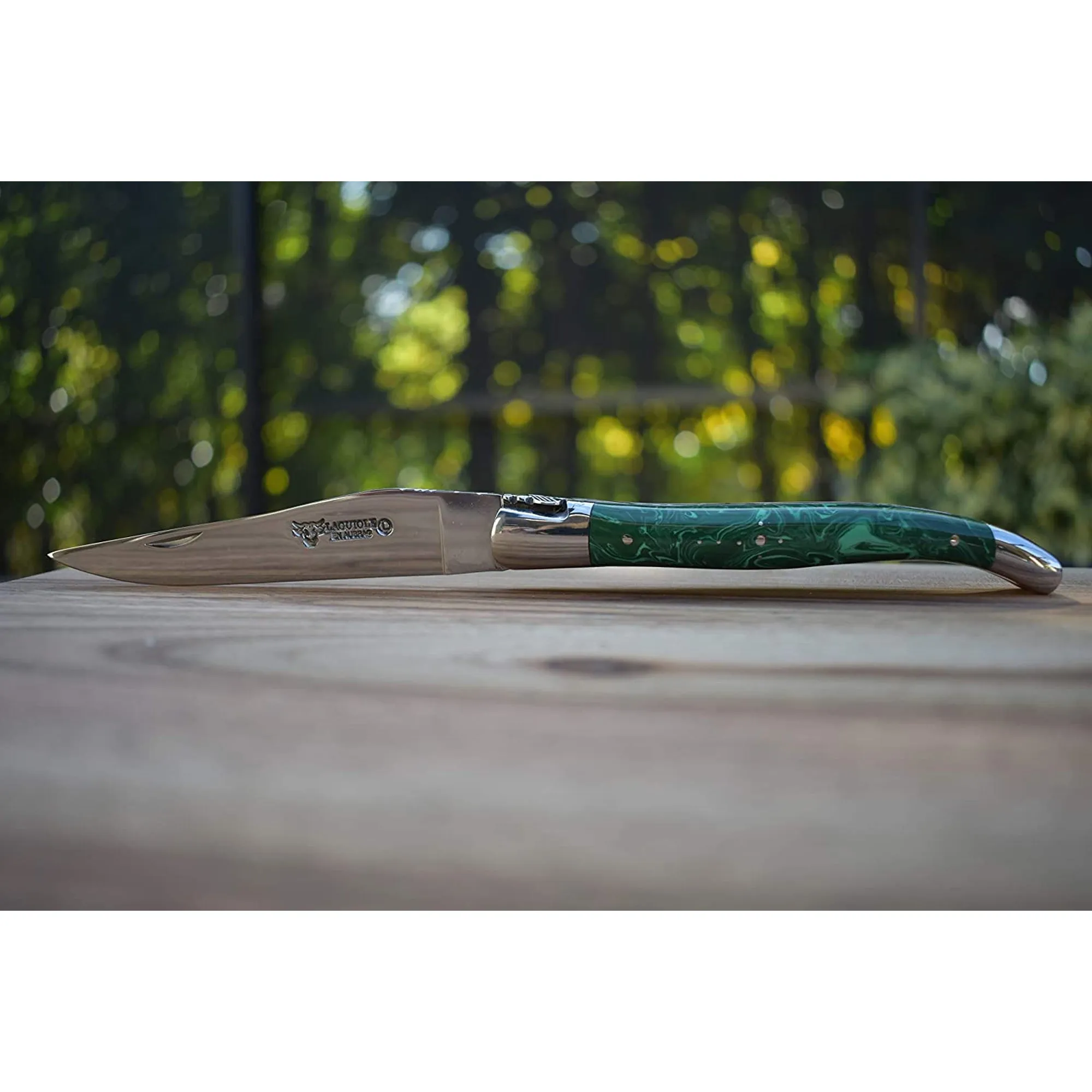 Laguiole en Aubrac Handcrafted Luxury Double Plates Folding Pocket Knife With Malachite Handle, 4.75-Inches
