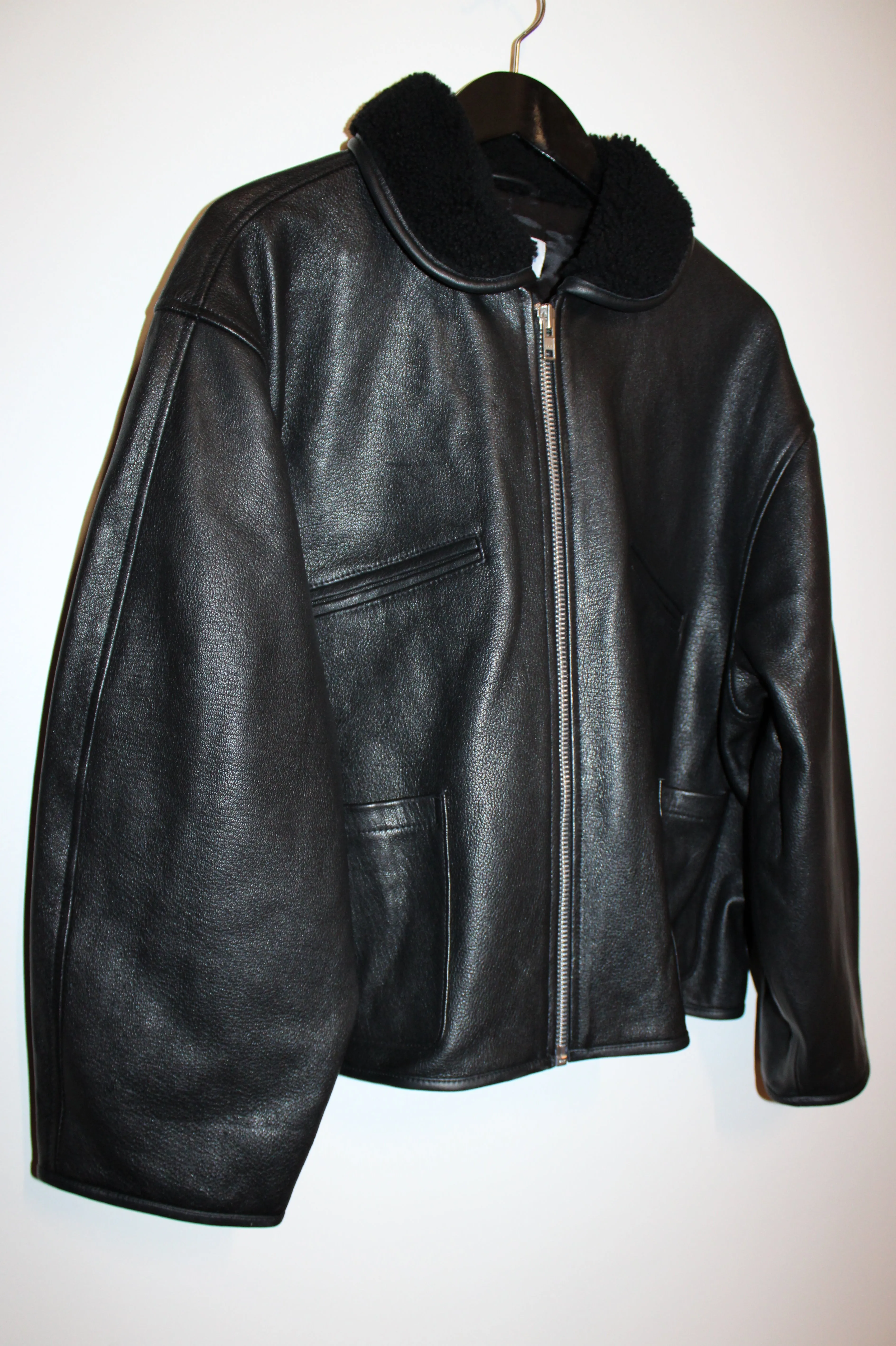 Leather Flying Jacket with Shearling Collar in Black