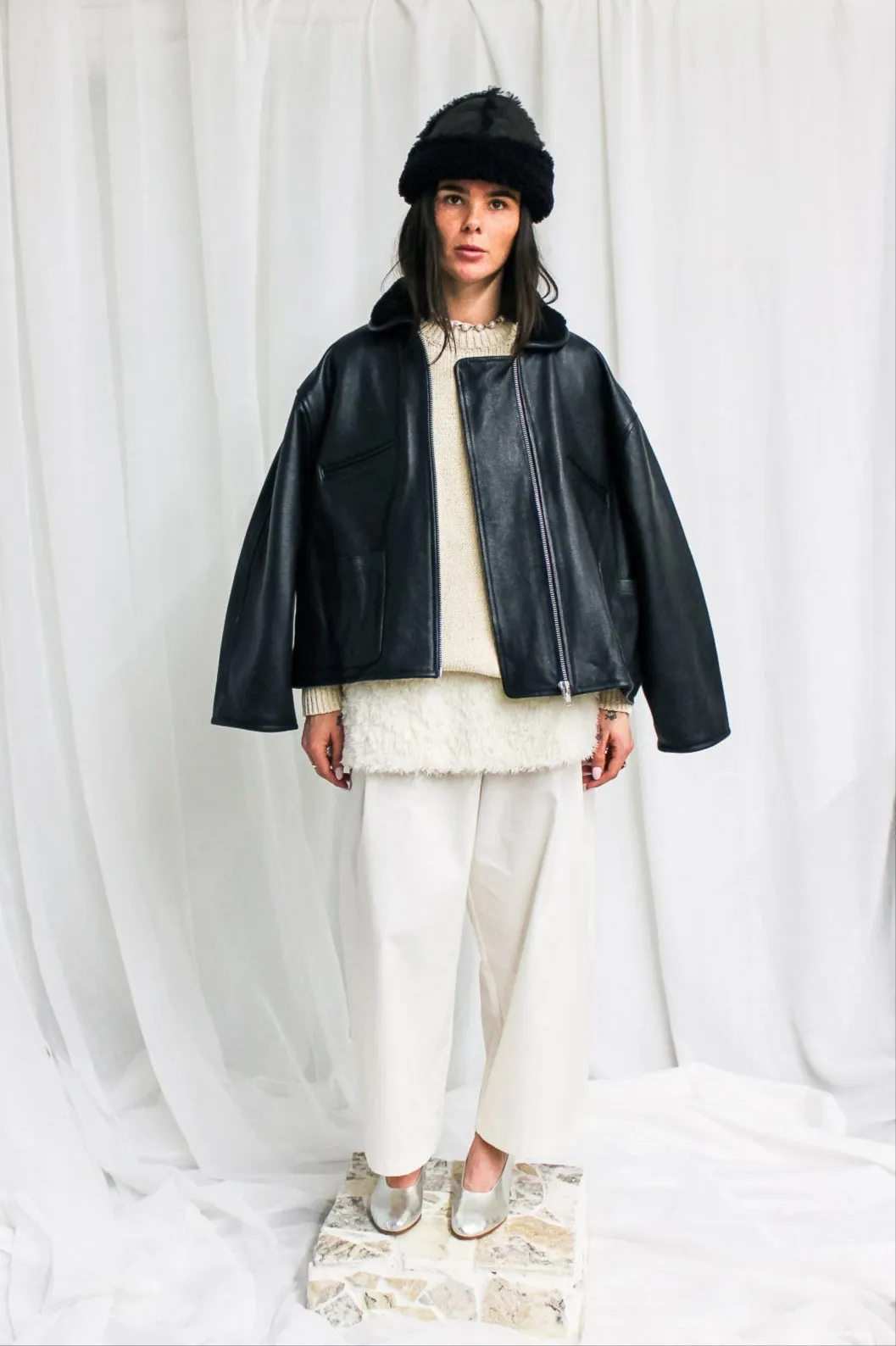 Leather Flying Jacket with Shearling Collar in Black