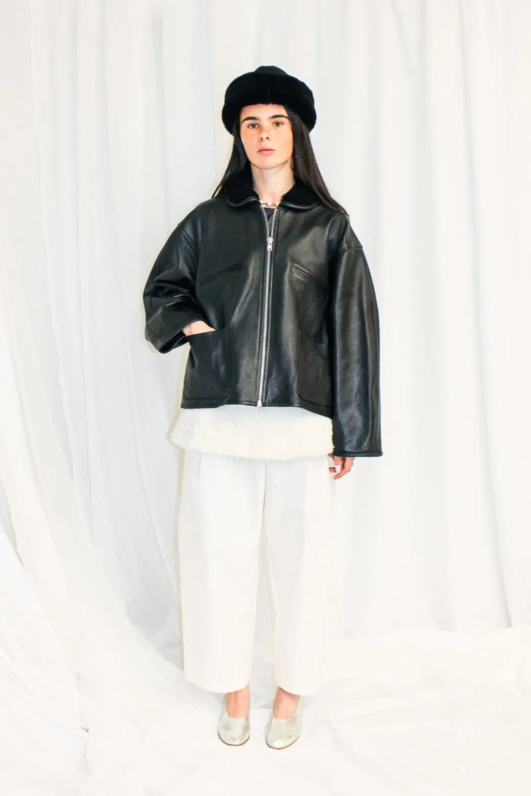 Leather Flying Jacket with Shearling Collar in Black