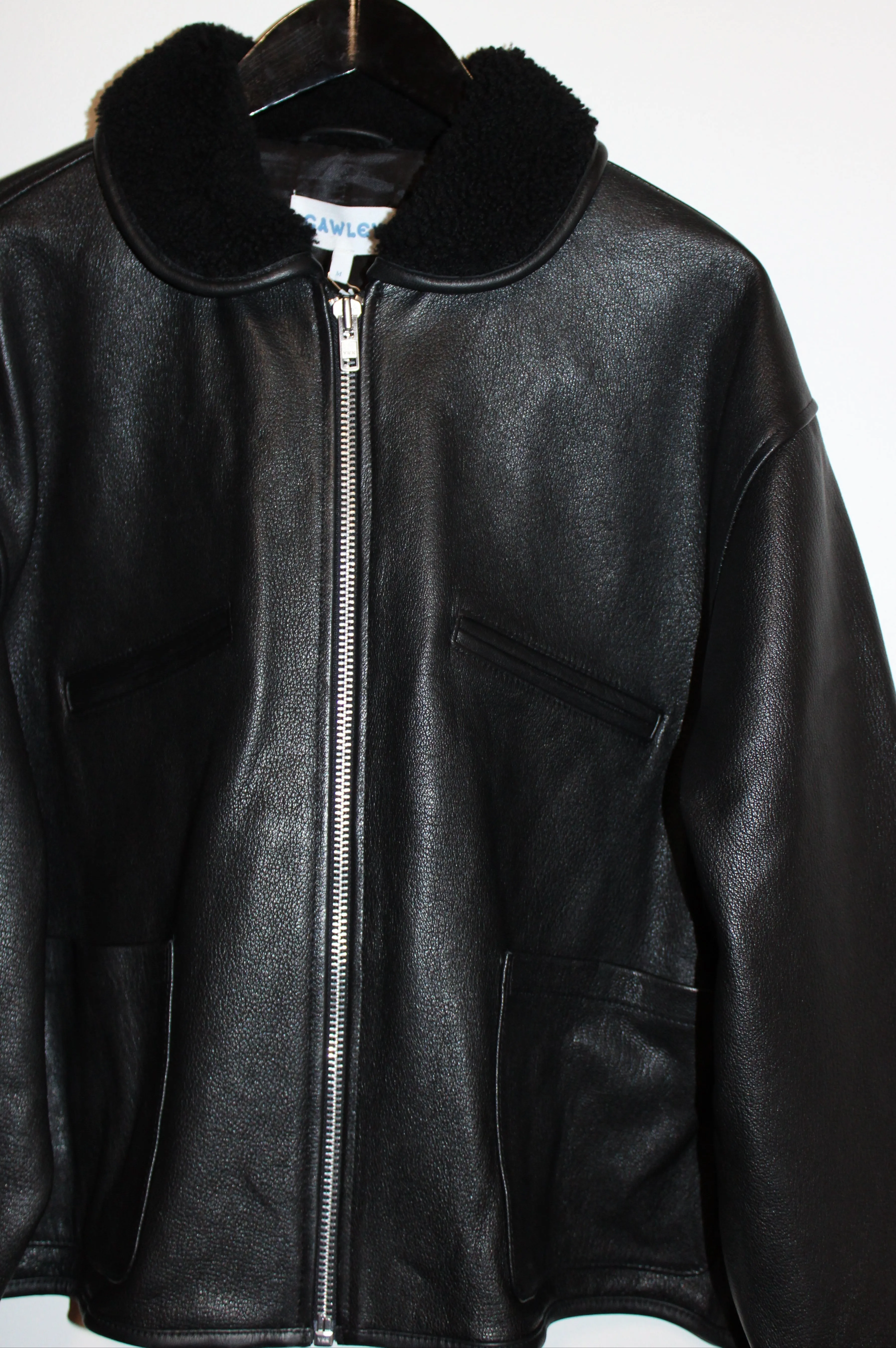 Leather Flying Jacket with Shearling Collar in Black
