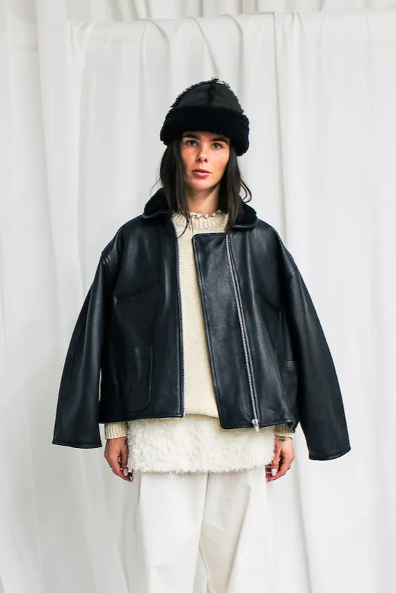 Leather Flying Jacket with Shearling Collar in Black