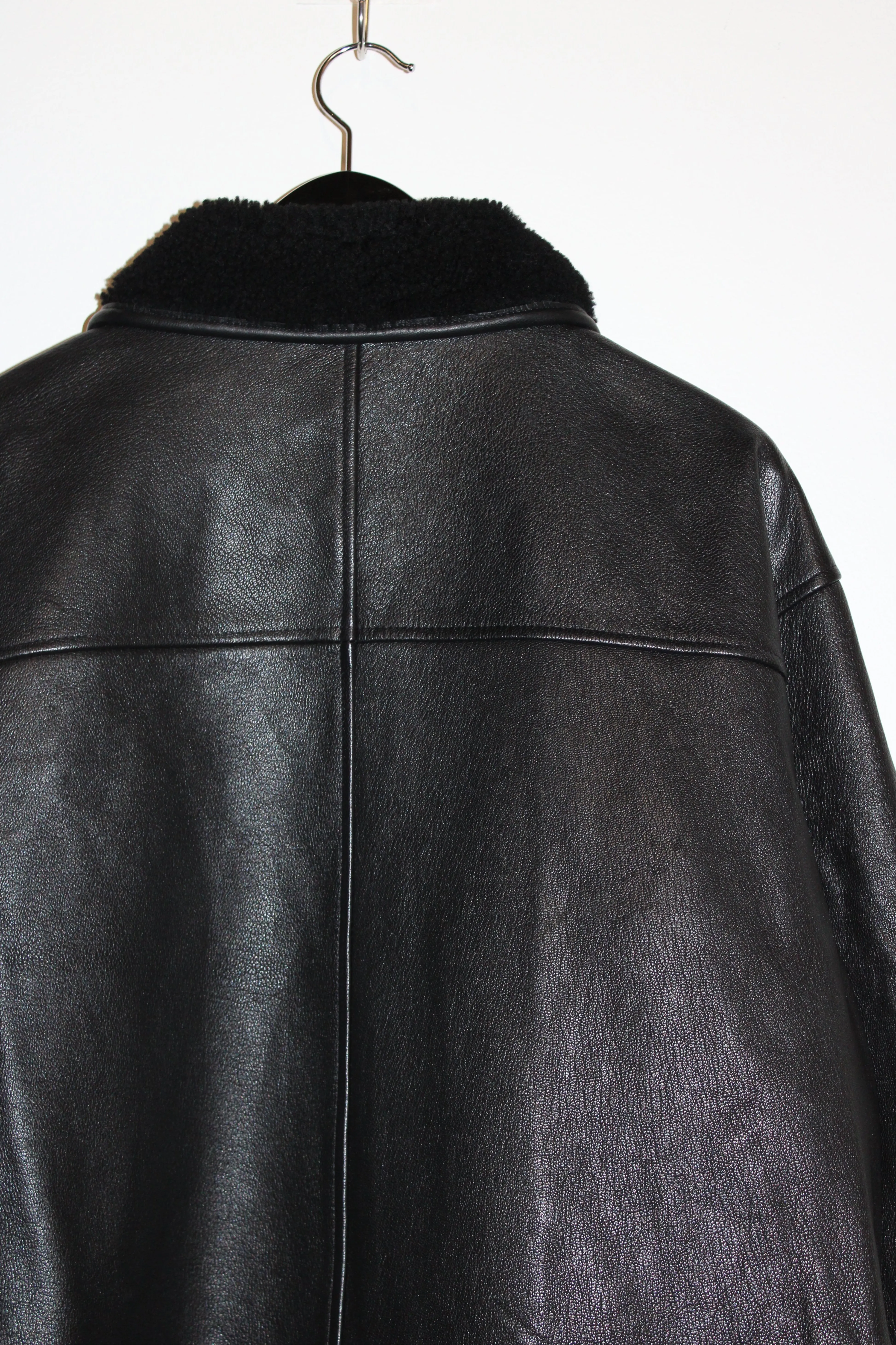 Leather Flying Jacket with Shearling Collar in Black