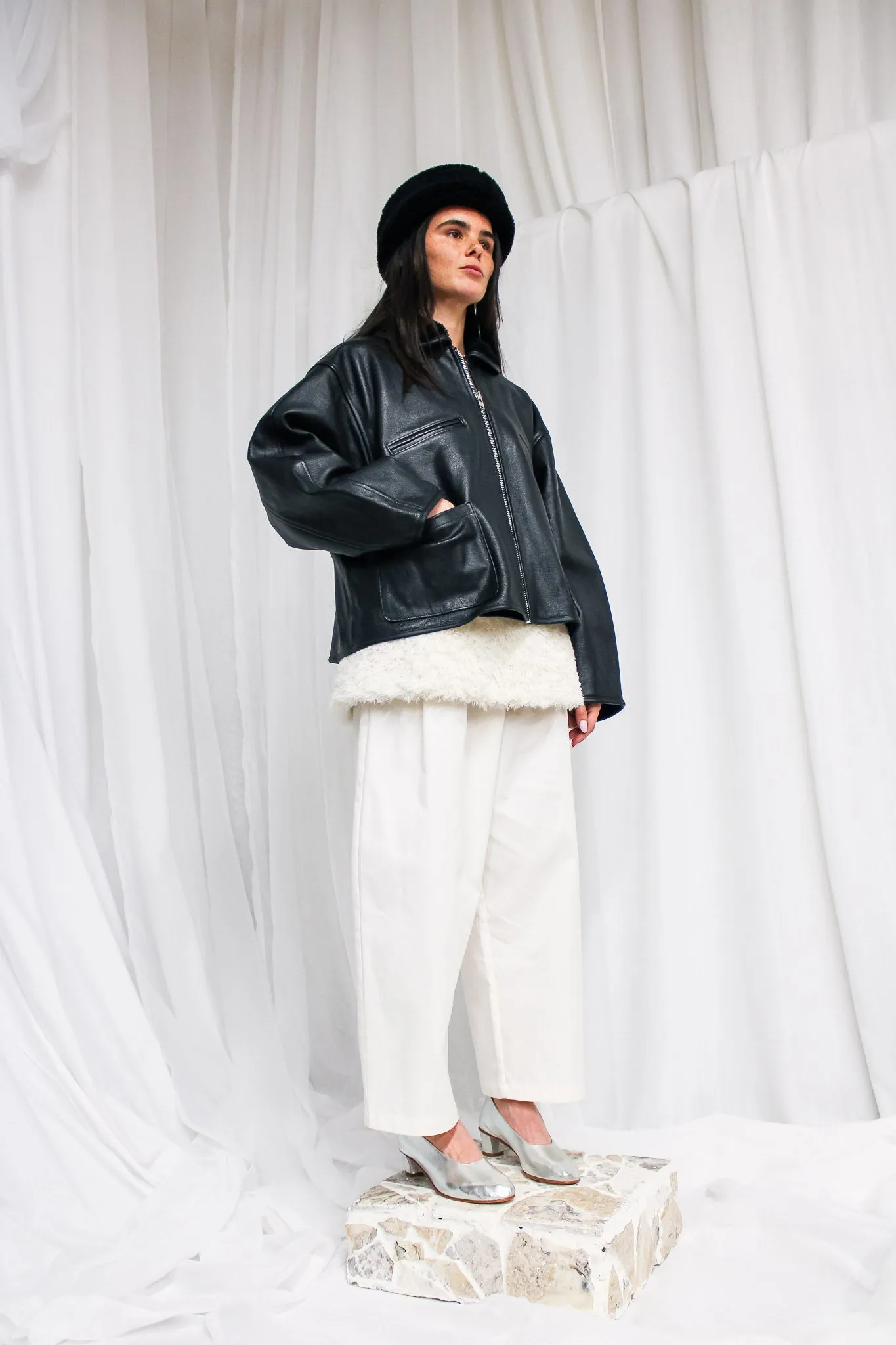 Leather Flying Jacket with Shearling Collar in Black