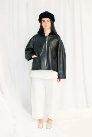 Leather Flying Jacket with Shearling Collar in Black