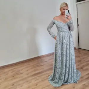 Light Gray off the shoulder wrap wedding dress with pockets #1306