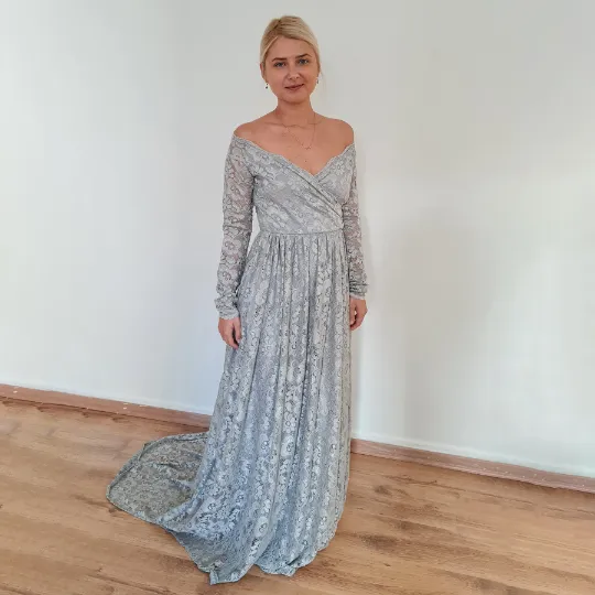 Light Gray off the shoulder wrap wedding dress with pockets #1306