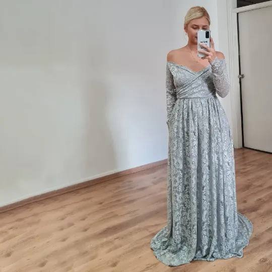 Light Gray off the shoulder wrap wedding dress with pockets #1306