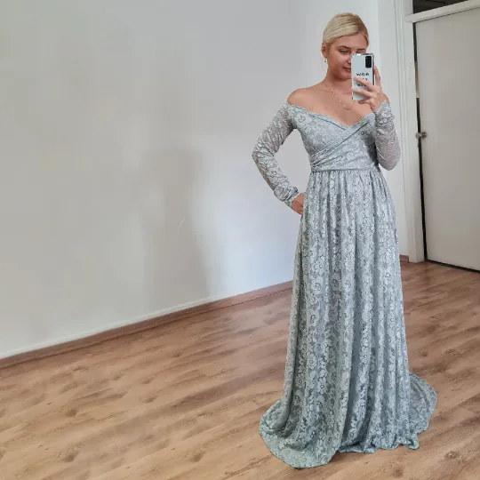 Light Gray off the shoulder wrap wedding dress with pockets #1306