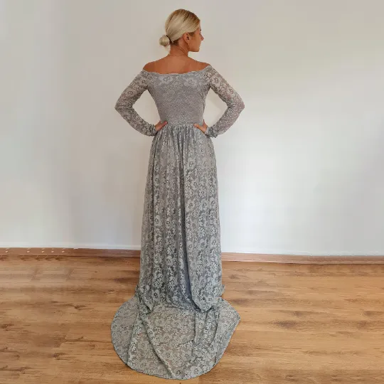 Light Gray off the shoulder wrap wedding dress with pockets #1306