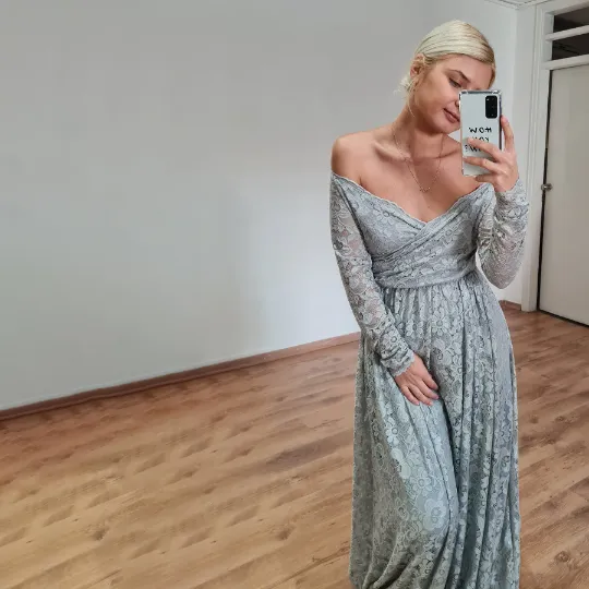Light Gray off the shoulder wrap wedding dress with pockets #1306