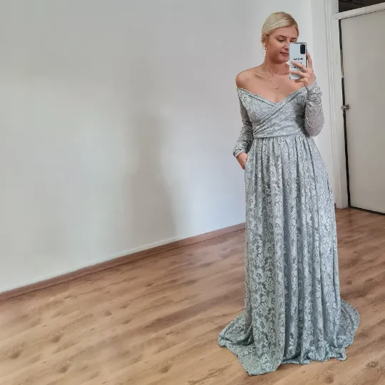 Light Gray off the shoulder wrap wedding dress with pockets #1306