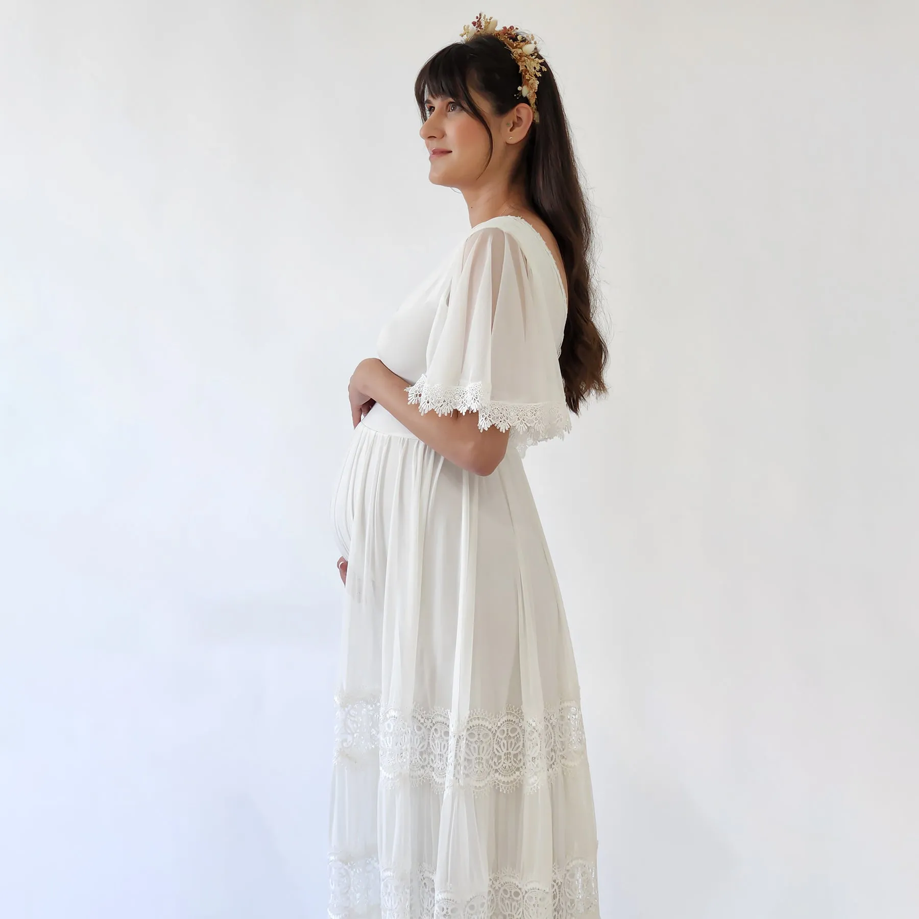 Maternity Romantic Chiffon Wedding dress, Vintage Butterfly Sleeves #7022