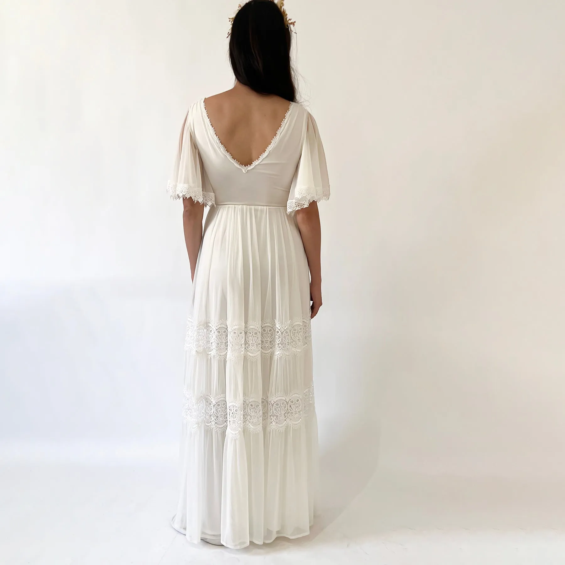 Maternity Romantic Chiffon Wedding dress, Vintage Butterfly Sleeves #7022