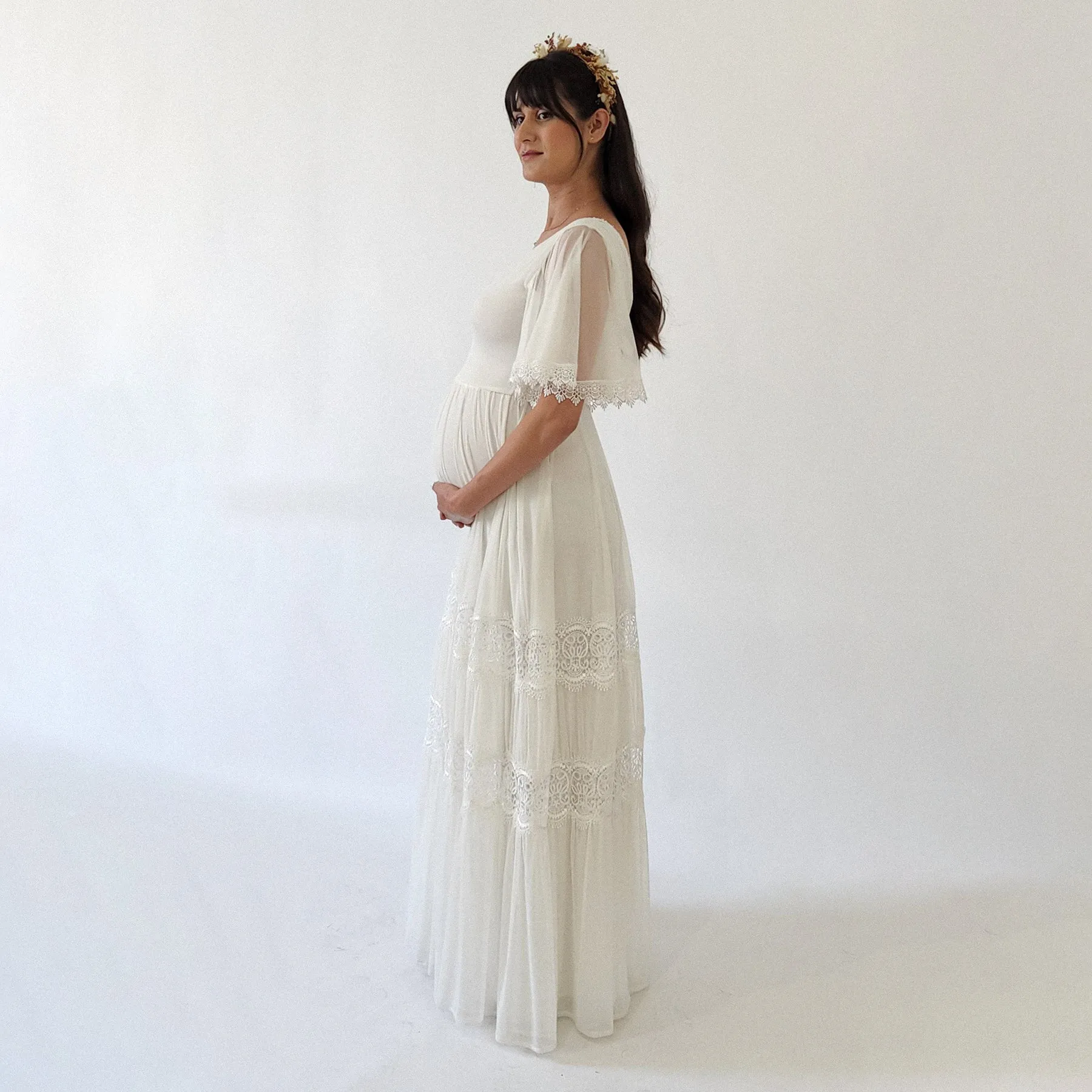Maternity Romantic Chiffon Wedding dress, Vintage Butterfly Sleeves #7022