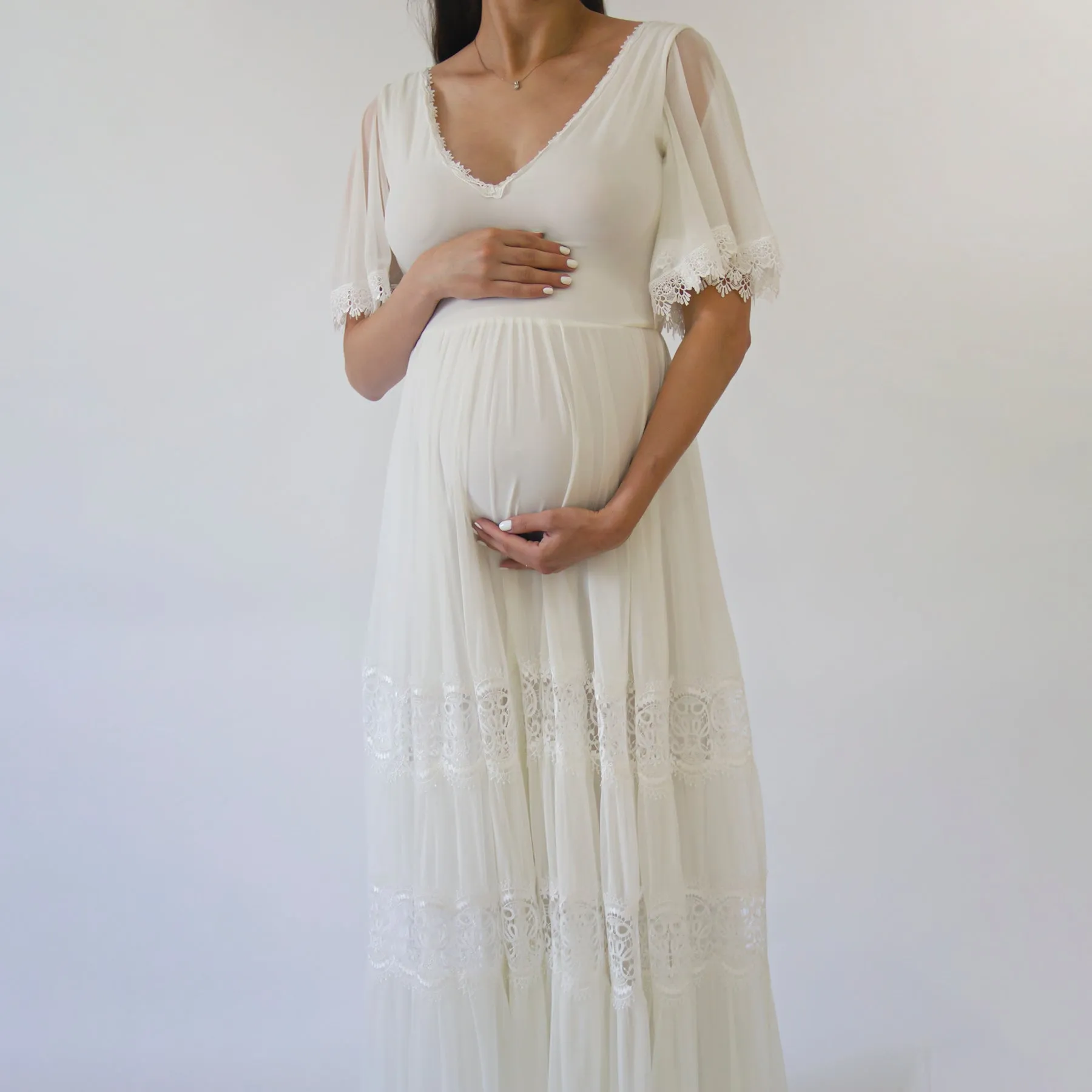 Maternity Romantic Chiffon Wedding dress, Vintage Butterfly Sleeves #7022