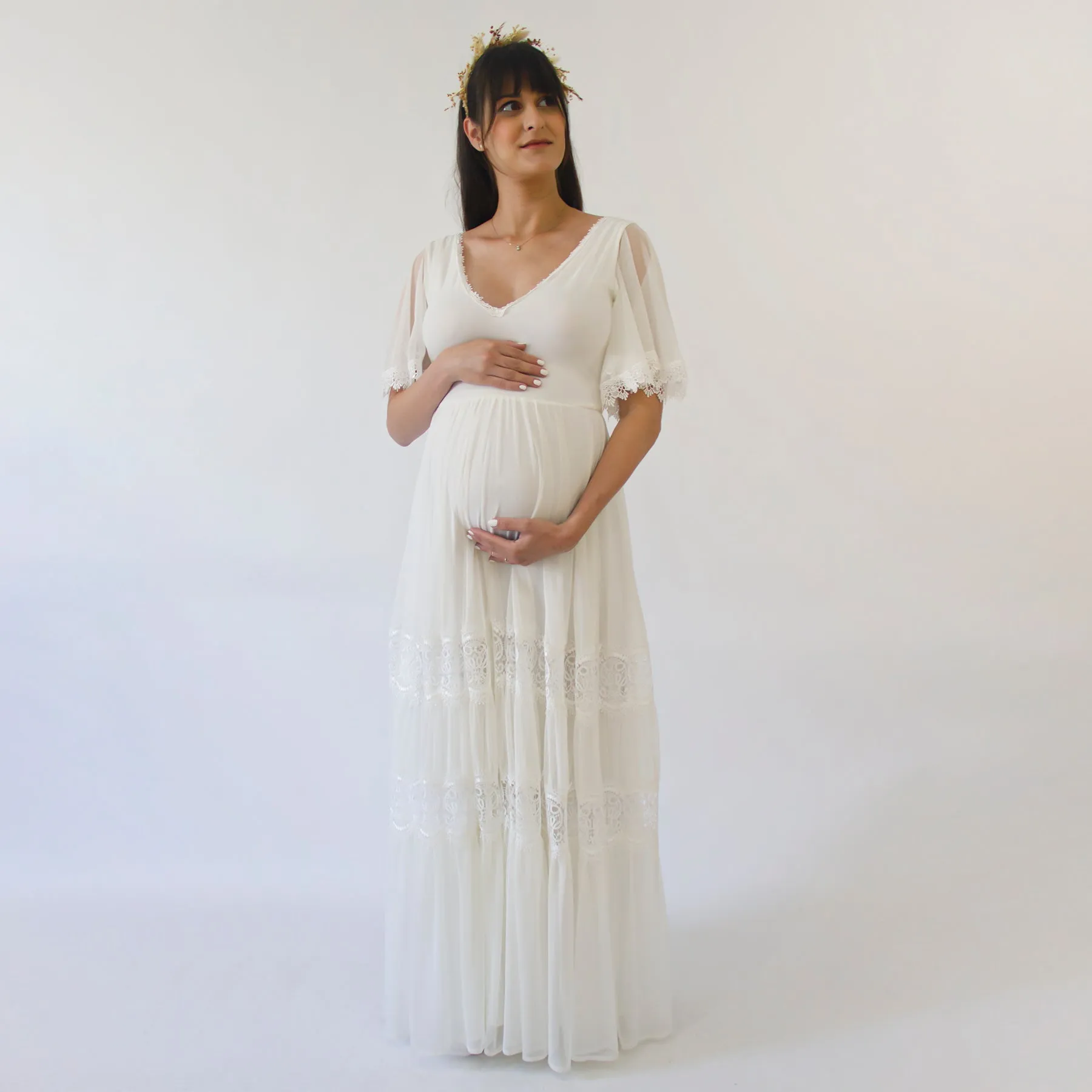 Maternity Romantic Chiffon Wedding dress, Vintage Butterfly Sleeves #7022