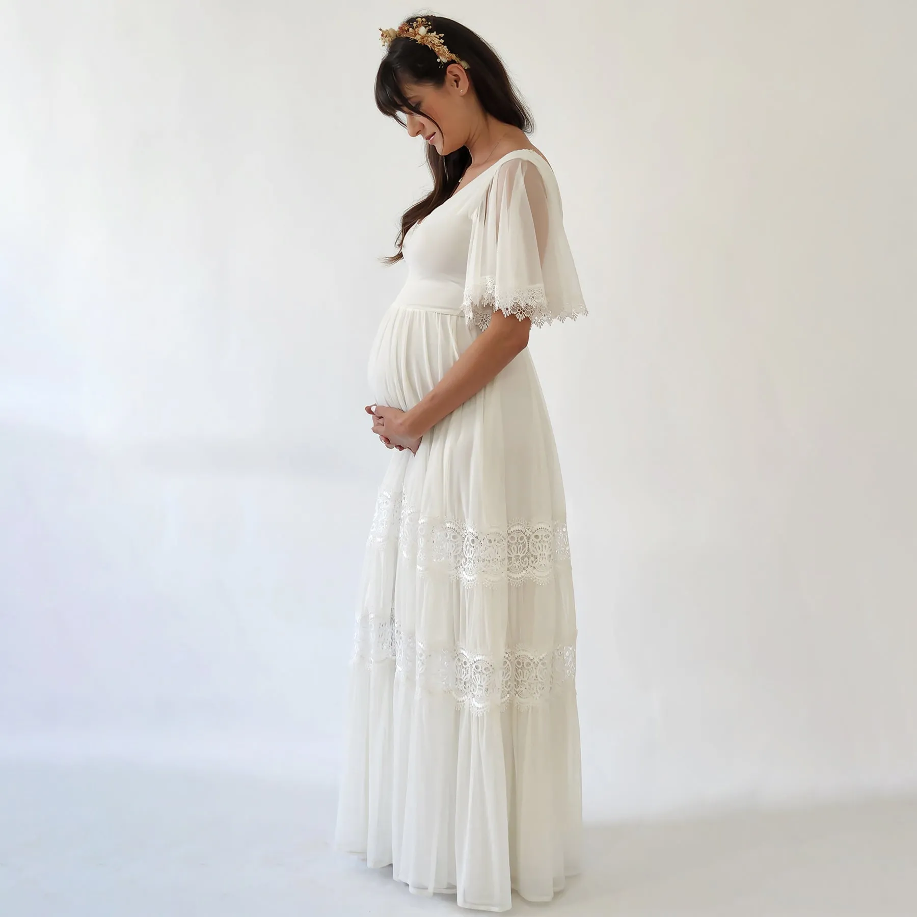 Maternity Romantic Chiffon Wedding dress, Vintage Butterfly Sleeves #7022